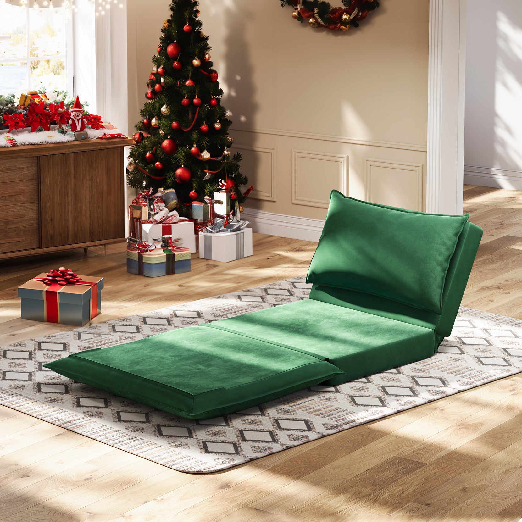 Koorlian Convertible Chair Bed, 5 in 1 Folding Velvet Sleeper Chair, Sofa Bed Floor Chair with Removable Legs, 5 Level Adjustable Backrest, Green