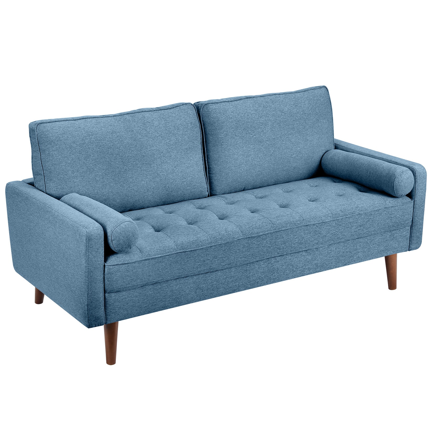 Koorlian Small Sofa Couch, 2 Seater Fabric Loveseat, Mid Century Modern Couches for Living Room, Button Tufted Seat Cushion, Square Armrest, 2 Throw Pillows, Fit for Small Spaces, Dorm, Apart, Blue