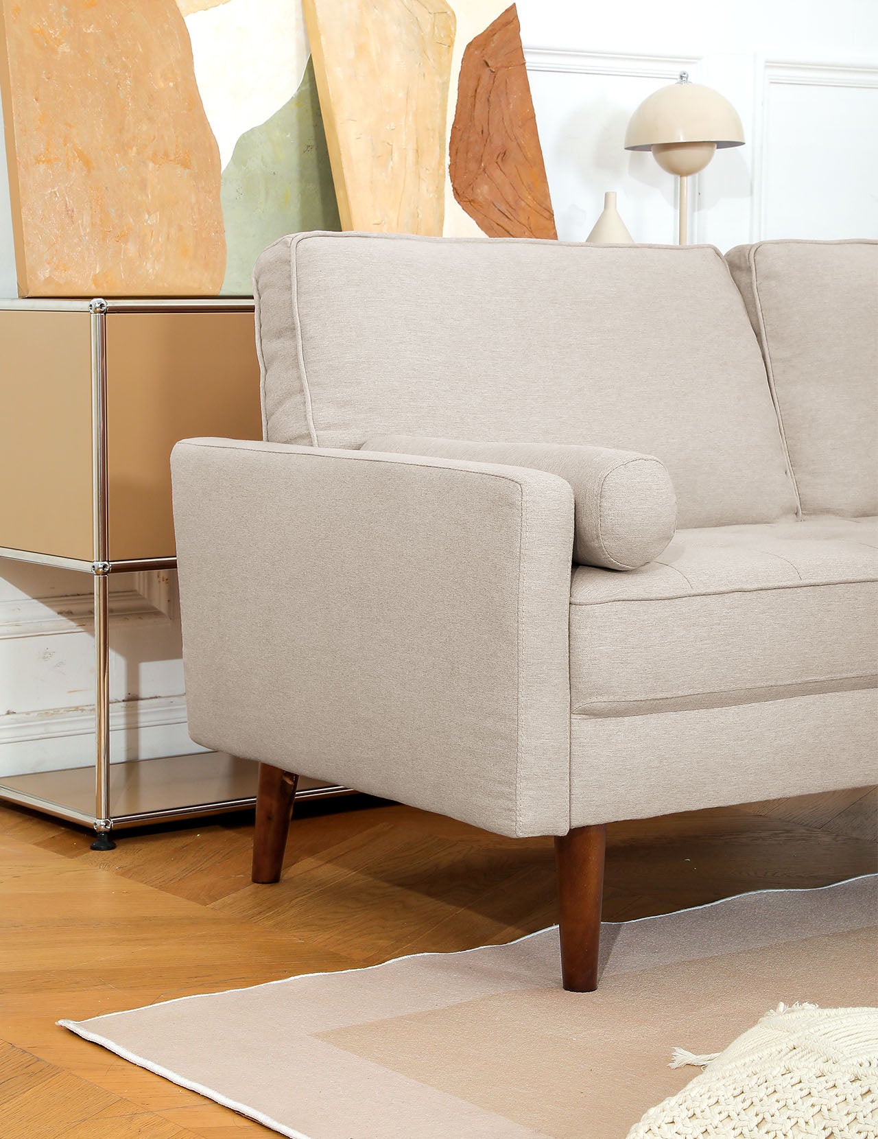 Koorlian Small Sofa Couch, 2 Seater Fabric Loveseat, Mid Century Modern Couches for Living Room, Button Tufted Seat Cushion, Square Armrest, 2 Throw Pillows, Fit for Small Spaces, Dorm, Apart, Beige