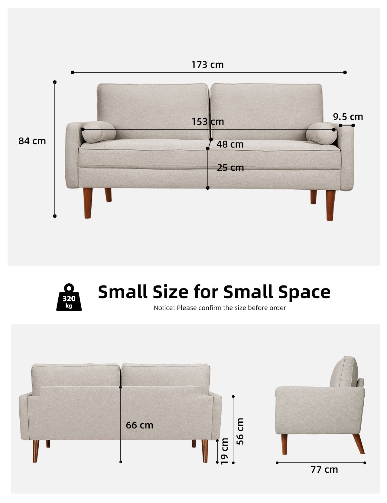 Koorlian Small Sofa Couch, 2 Seater Fabric Loveseat, Mid Century Modern Couches for Living Room, Button Tufted Seat Cushion, Square Armrest, 2 Throw Pillows, Fit for Small Spaces, Dorm, Apart, Beige