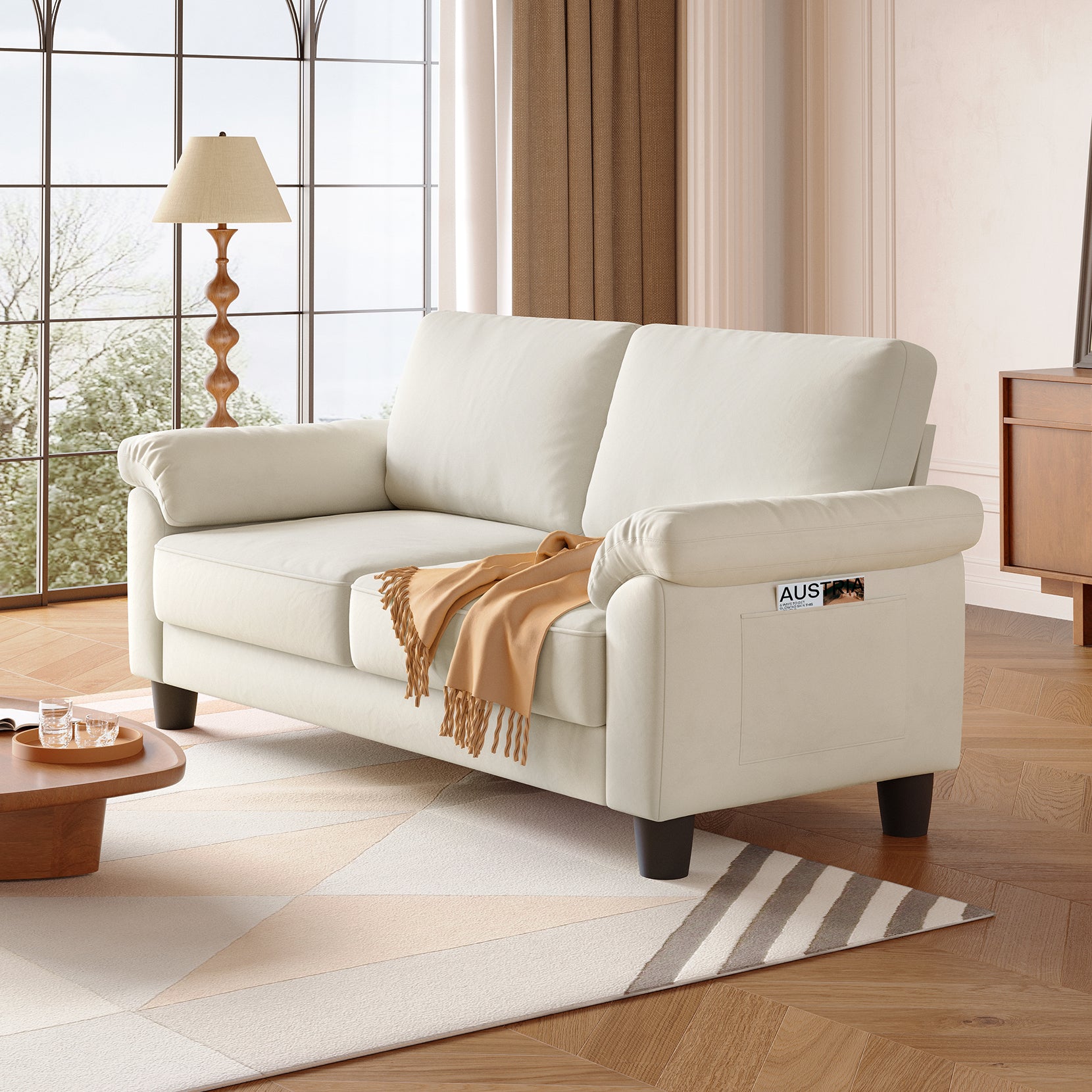 Koorlian 70" Loveseat Sofa, Mid Century Modern Couch with Storage Bag, Velvet Deep Couches for Small Spaces, Living room,Bedroom, Apartment, Office, Removable Sofa Cover Spring Cushions, Easy to Install, Beige