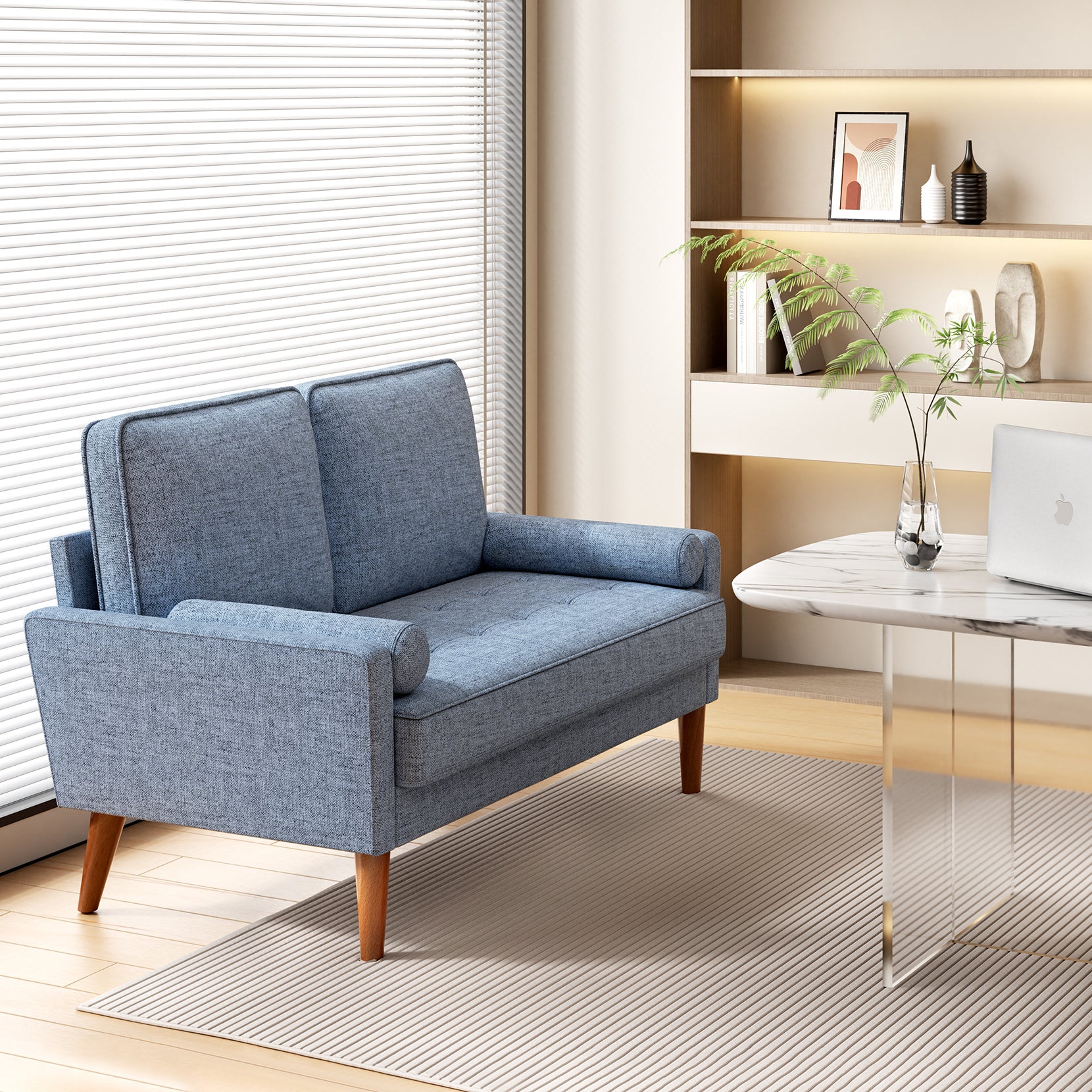 Koorlian Loveseat Sofa, 48" Small Sofa Couch Mid Century Modern Couch for Small Spaces, Bedroom and Living Room, Removable Sofa Cover Spring Cushions and Solid Wood Frame, Easy to Install, Blue