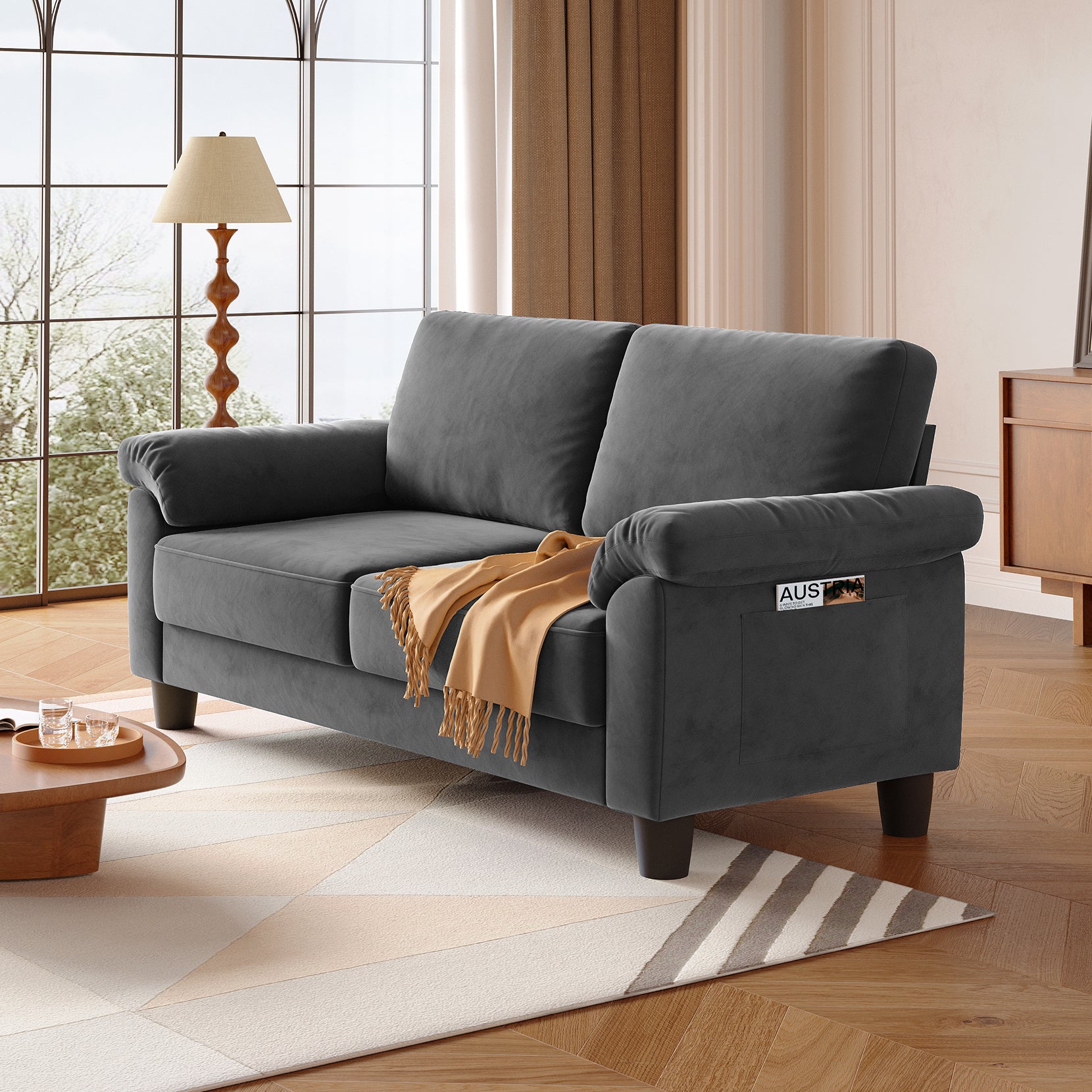 Koorlian 70" Loveseat Sofa, Mid Century Modern Couch with Storage Bag, Velvet Deep Couches for Small Spaces, Living room,Bedroom, Apartment, Office, Removable Sofa Cover Spring Cushions, Easy to Install, Grey