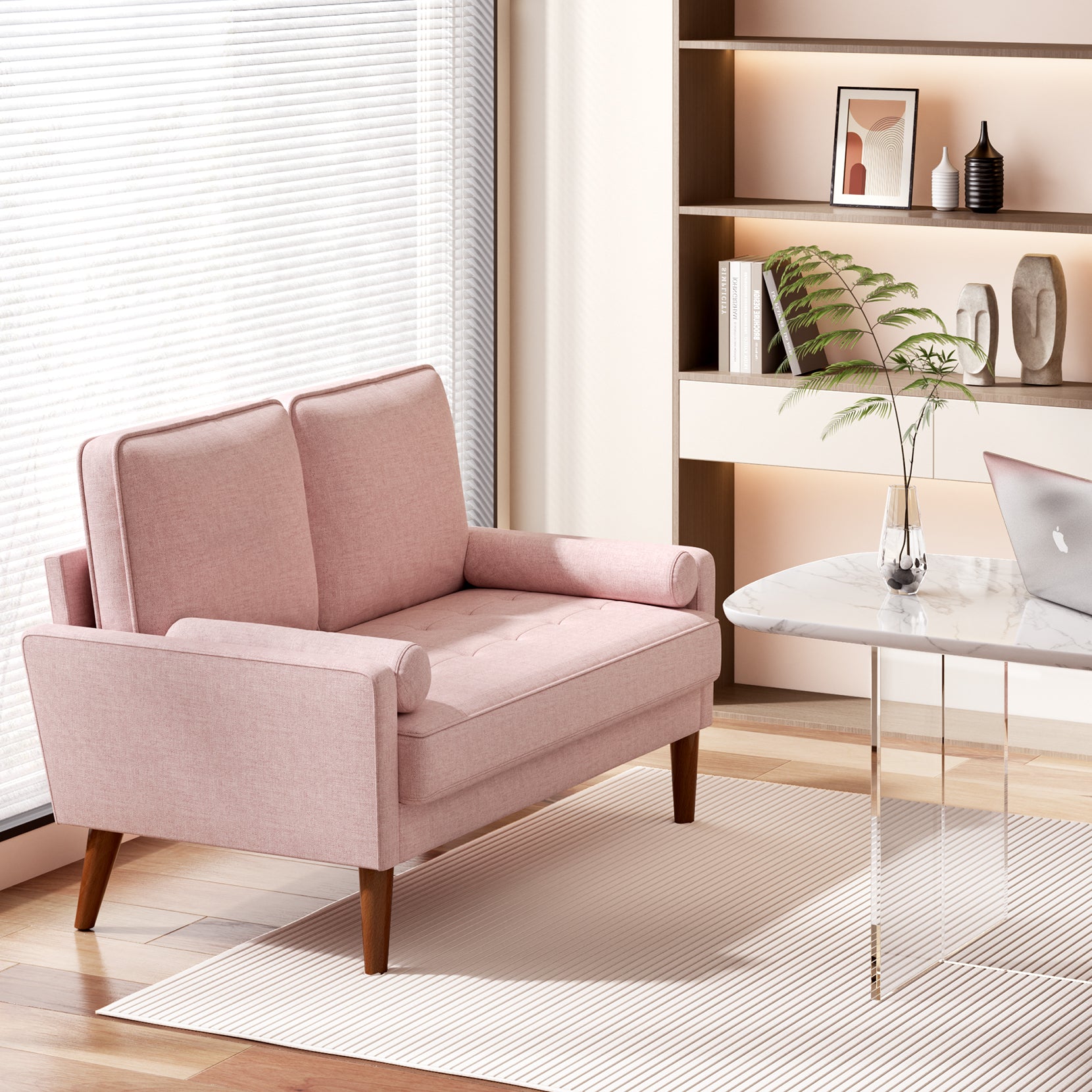 Koorlian Loveseat Sofa, 48" Small Sofa Couch Mid Century Modern Couch for Small Spaces, Bedroom and Living Room, Removable Sofa Cover Spring Cushions and Solid Wood Frame, Easy to Install, Pink