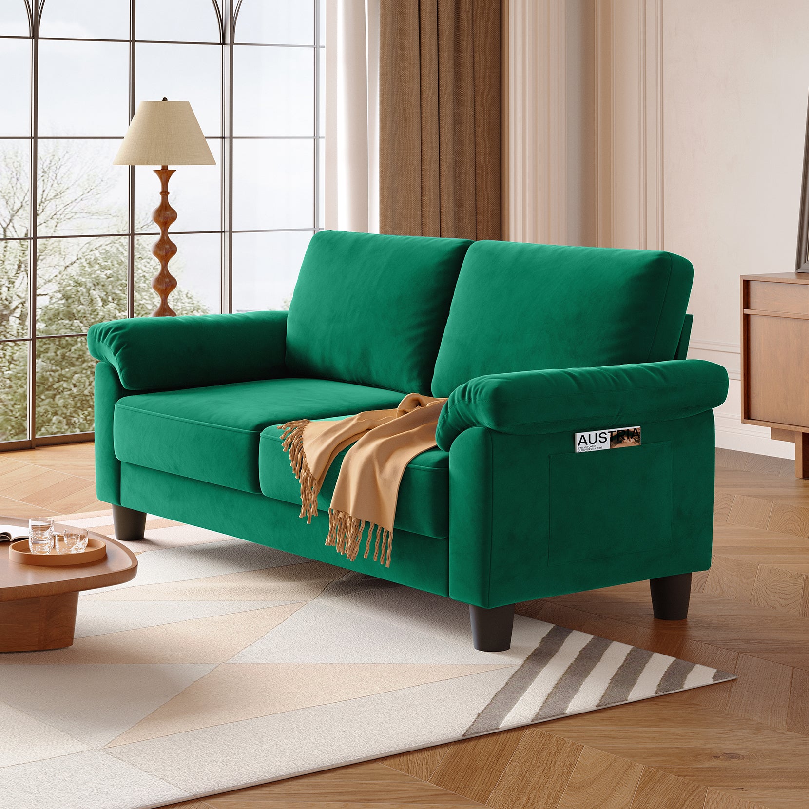 Koorlian 70" Loveseat Sofa, Mid Century Modern Couch with Storage Bag, Velvet Deep Couches for Small Spaces, Living room,Bedroom, Apartment, Office, Removable Sofa Cover Spring Cushions, Easy to Install, Green