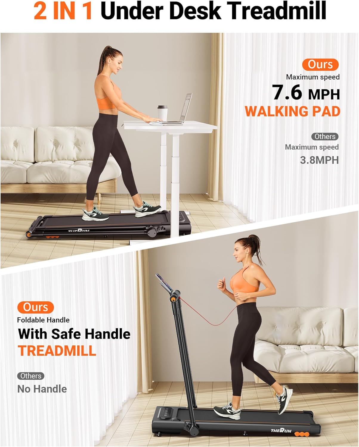 2.5HP Treadmill, 2 in 1 Under Desk Walking Pad Treadmill, Electric Compact Space Folding Treadmill for Home Office with LED Touch Screen 0.6-7.6MPH Wider Running Belt, No Assembly Needed