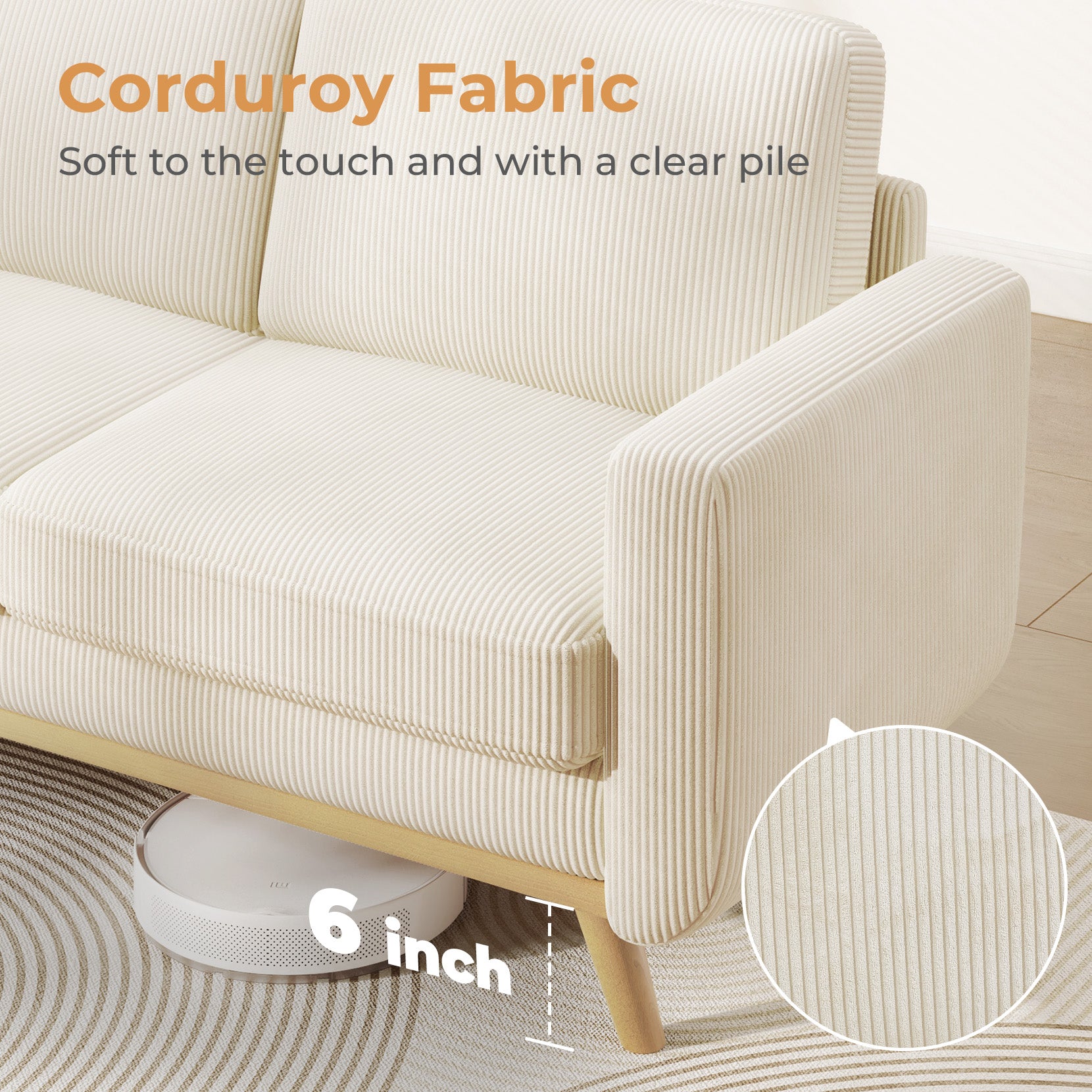 Koorlian 68" Loveseat Sofa Beige, Comfy Corduroy Couch with Spring Cushion, Sofa Couch with Solid Wood, Modern Couch with Deep Seat, Sofa for Bedroom, Loveseat for Living Room, Office Couch