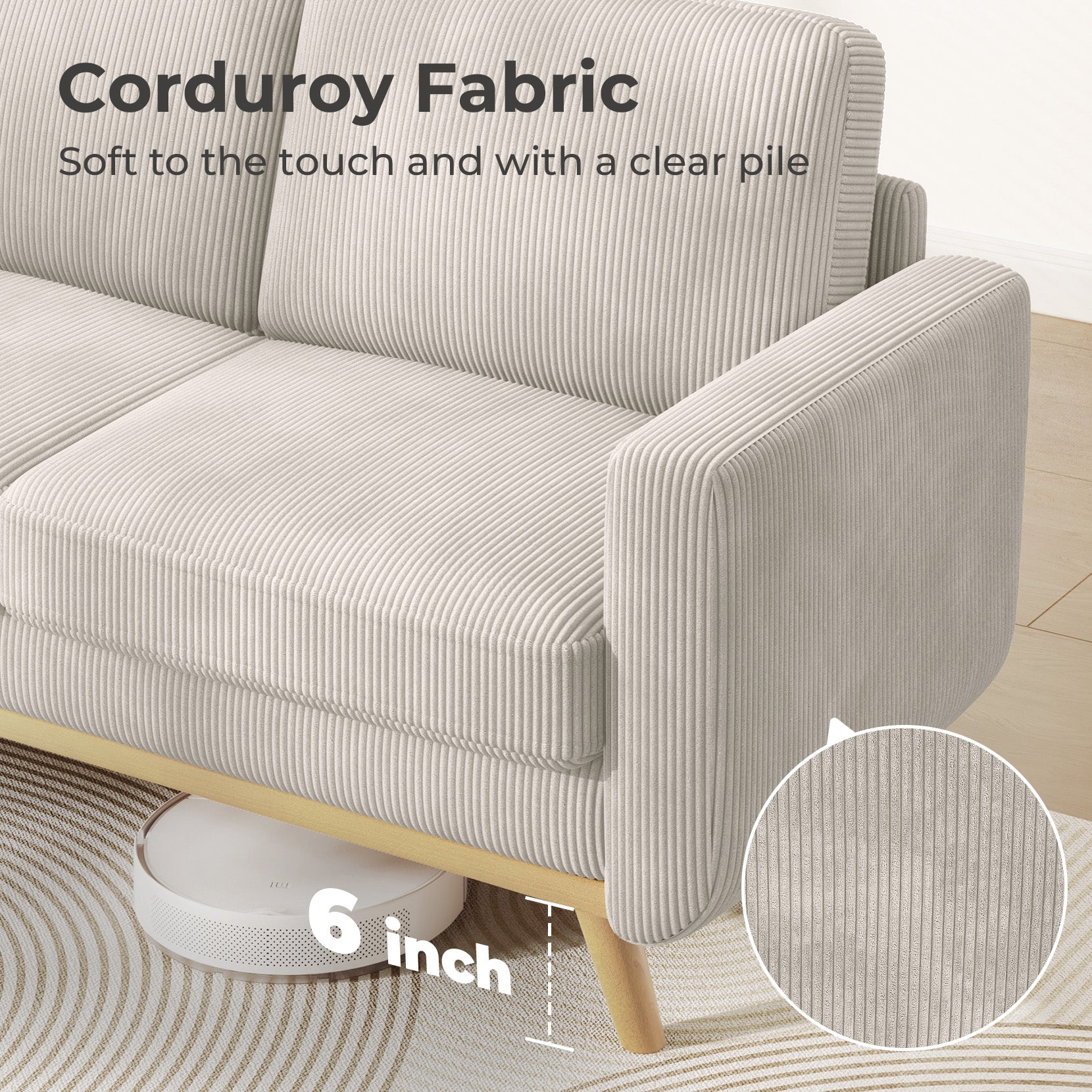 Koorlian 68" Loveseat Sofa Light Grey, Comfy Corduroy Couch with Spring Cushion, Sofa Couch with Solid Wood, Modern Couch with Extra Deep Seat, Sofa for Bedroom, Loveseat for Living Room, Office Couch