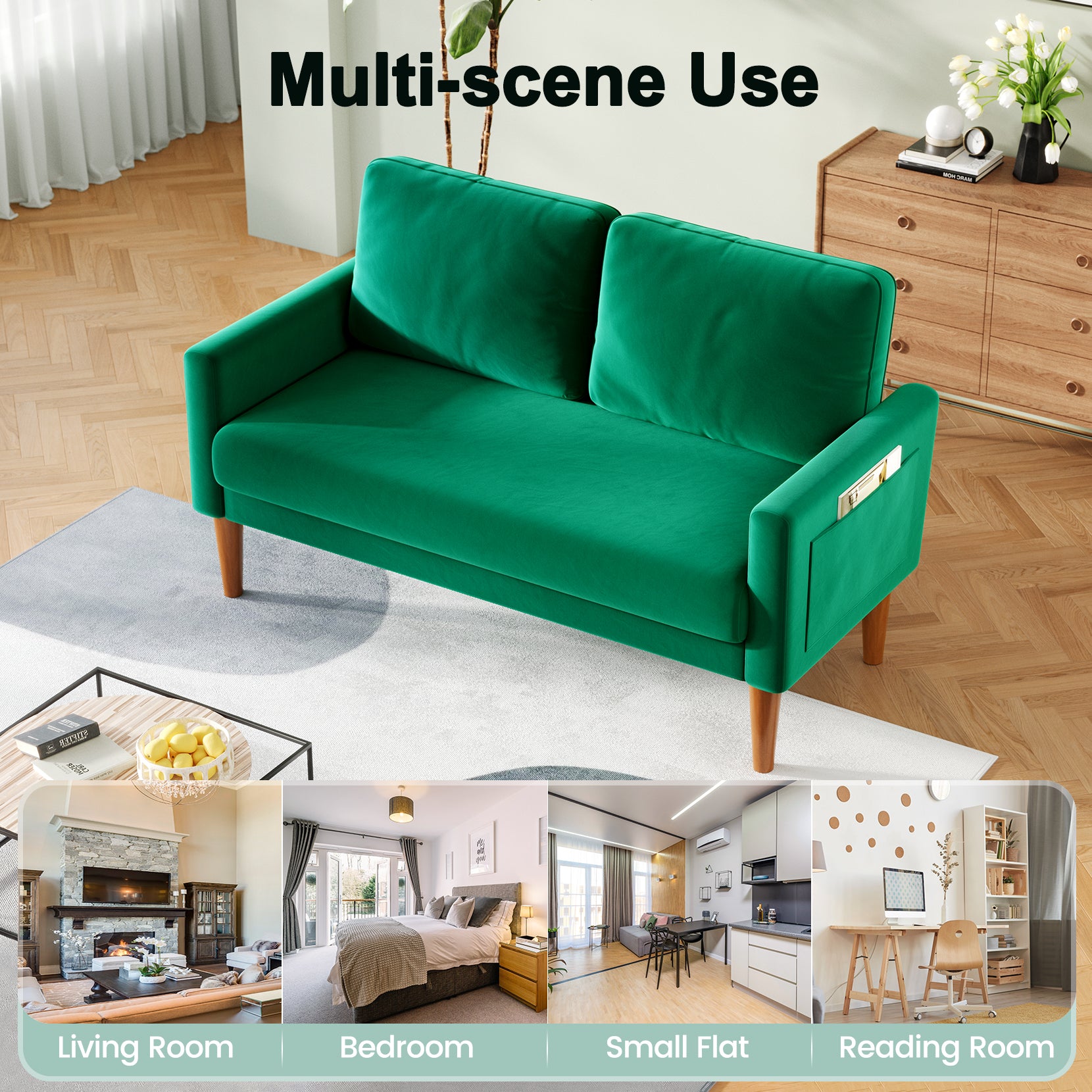 Koorlian Loveseat Sofa, 55" Small Sofa Couch Mid Century Modern Velvet Couch for Small Spaces, Bedroom and Living Room, Removable Sofa Cover Spring Cushions and Solid Wood Frame, Easy to Install, Green