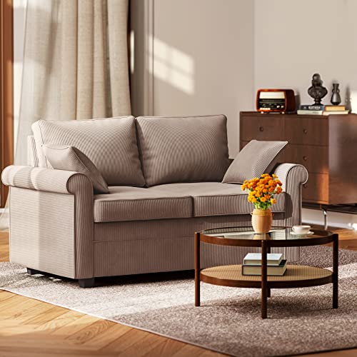 Koorlian Loveseat Sleeper Sofa Bed, Corduroy Pull Out Mattress Couch, 2 in 1 Sleeper Sofa with Memory Foam, 2 Seater Sofa for Living Room, Brown