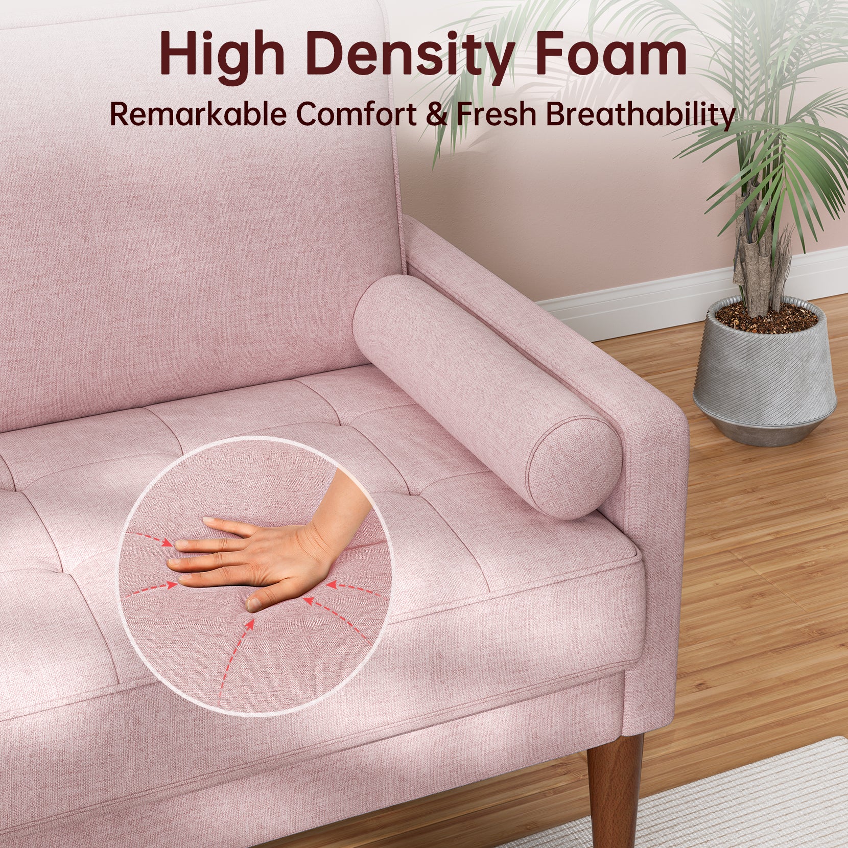 Koorlian Loveseat Sofa, 48" Small Sofa Couch Mid Century Modern Couch for Small Spaces, Bedroom and Living Room, Removable Sofa Cover Spring Cushions and Solid Wood Frame, Easy to Install, Pink