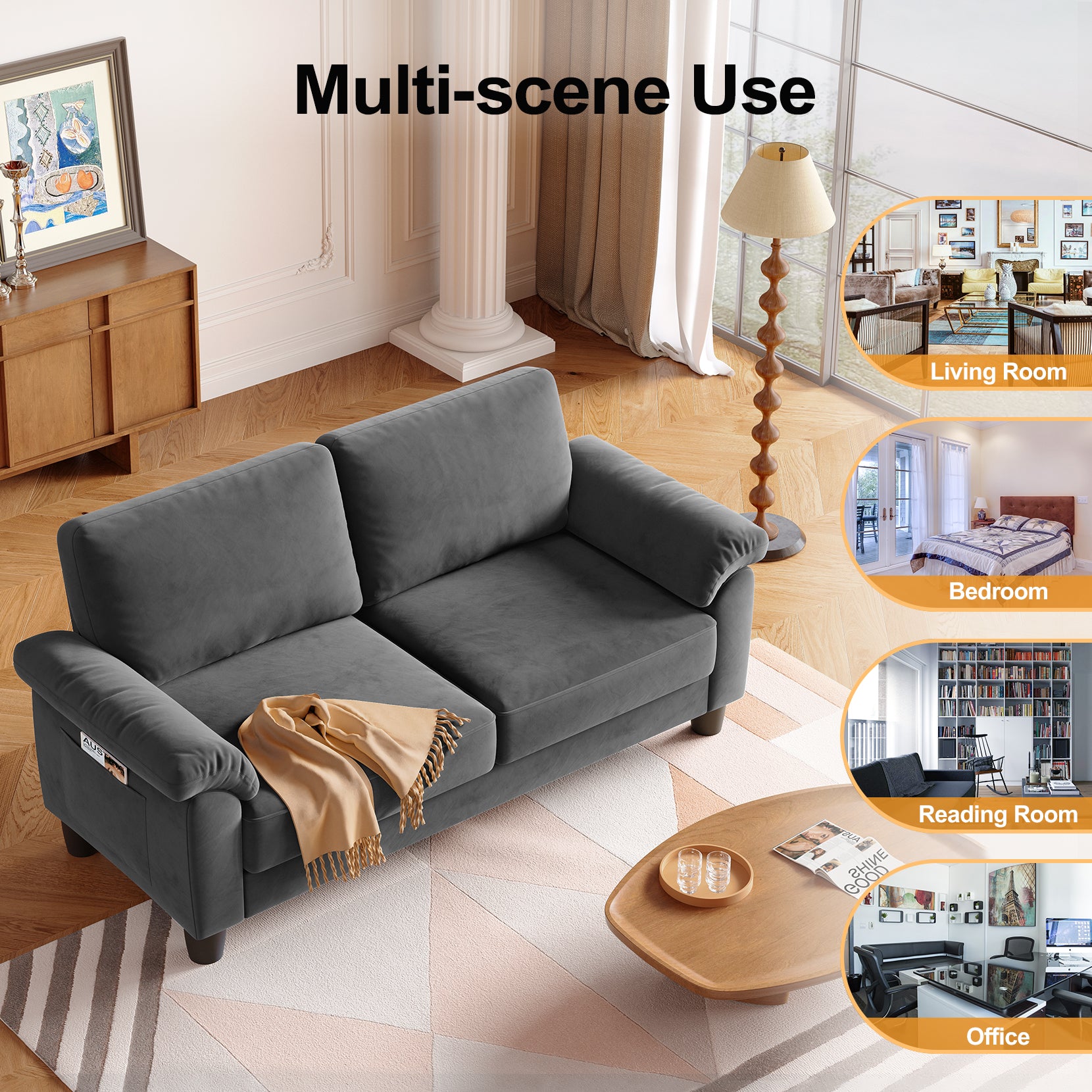 Koorlian 70" Loveseat Sofa, Mid Century Modern Couch with Storage Bag, Velvet Deep Couches for Small Spaces, Living room,Bedroom, Apartment, Office, Removable Sofa Cover Spring Cushions, Easy to Install, Grey