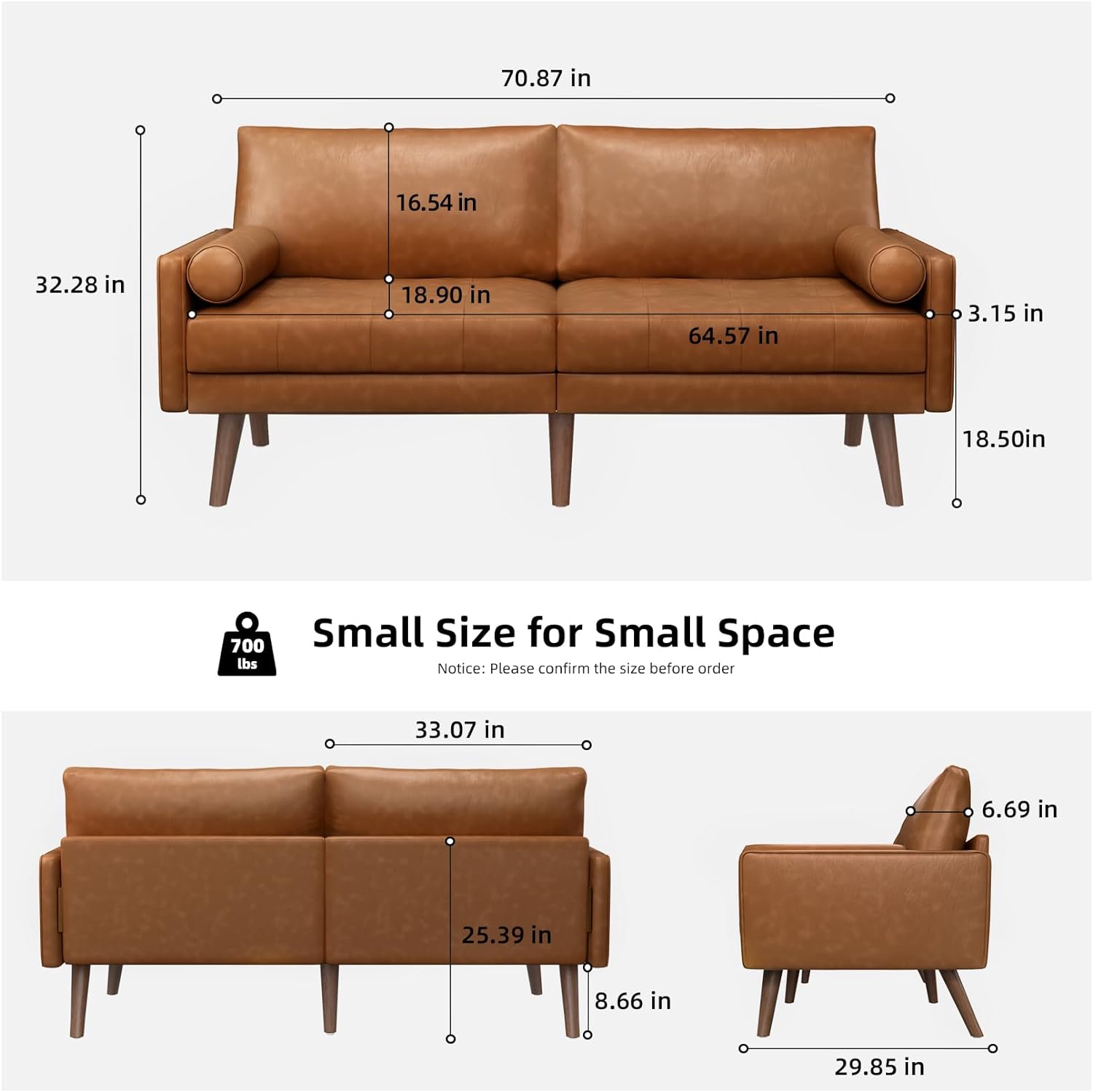 Koorlian Faux Leather Loveseat Sofa, 71inch Mid Century Modern Living Room Sofa, Button Tufted Seat Cushion, Fit for Bedroom, Small Spaces, Brown