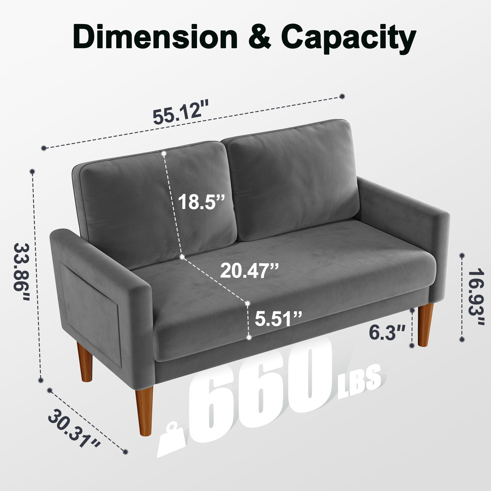 Koorlian Loveseat Sofa, 55" Small Sofa Couch Mid Century Modern Velvet Couch for Small Spaces, Bedroom and Living Room, Removable Sofa Cover Spring Cushions and Solid Wood Frame, Easy to Install, Grey