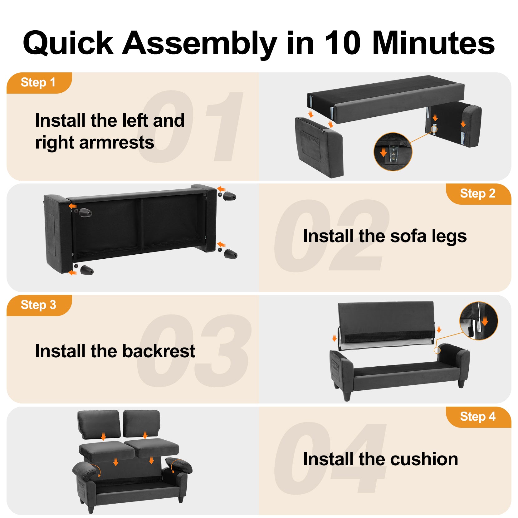 Koorlian 70" Loveseat Sofa, Mid Century Modern Couch with Storage Bag, Velvet Deep Couches for Small Spaces, Living room,Bedroom, Apartment, Office, Removable Sofa Cover Spring Cushions, Easy to Install, Grey