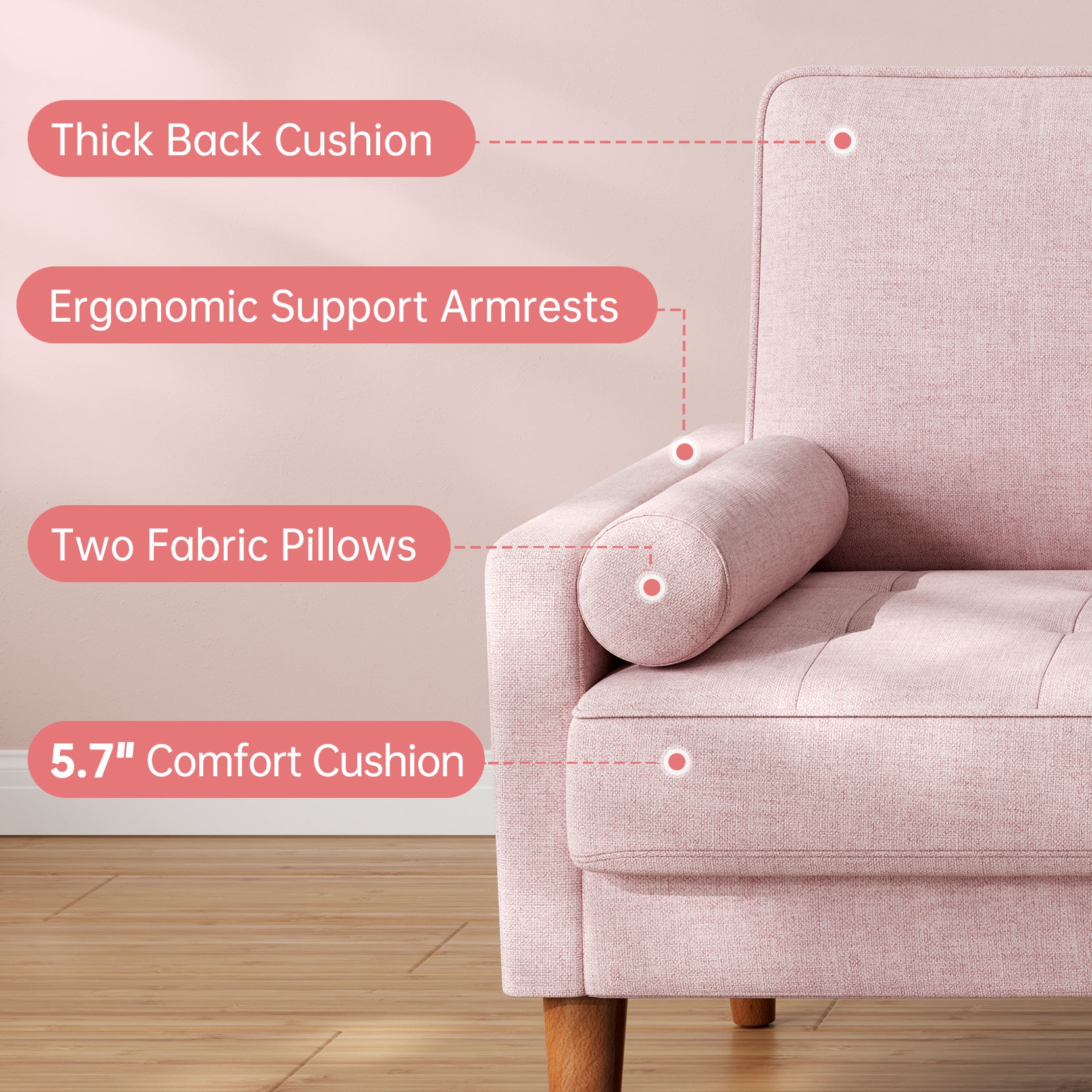 Koorlian Loveseat Sofa, 48" Small Sofa Couch Mid Century Modern Couch for Small Spaces, Bedroom and Living Room, Removable Sofa Cover Spring Cushions and Solid Wood Frame, Easy to Install, Pink