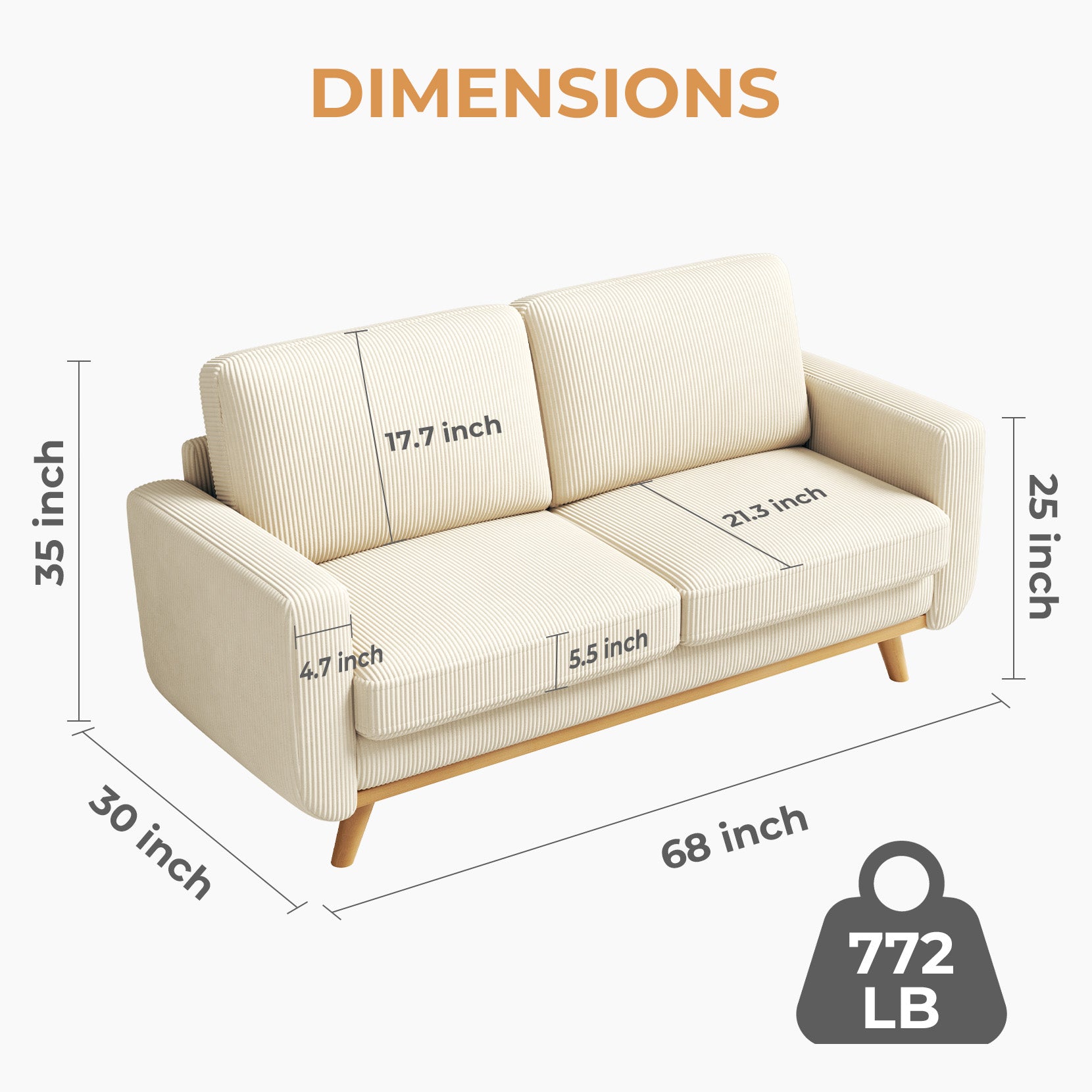 Koorlian 68" Loveseat Sofa Beige, Comfy Corduroy Couch with Spring Cushion, Sofa Couch with Solid Wood, Modern Couch with Deep Seat, Sofa for Bedroom, Loveseat for Living Room, Office Couch