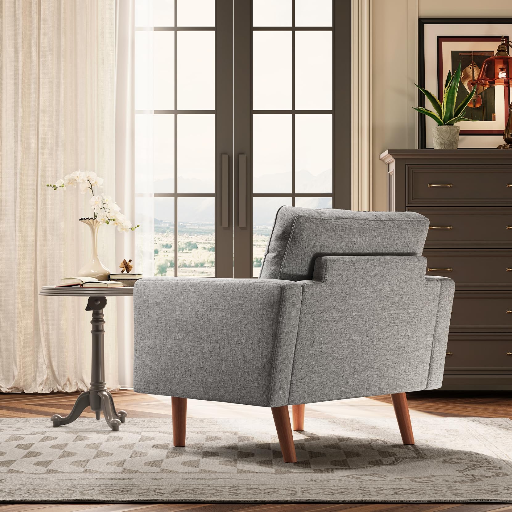 Koorlian Grey Accent Chairs, Mid Century Modern Accent Chair with Track Armrest, Button Tufted Armchair, 2 Bolster Pillow, Linen Fabric Single Sofa Chair for Living Room/Bedroom/Apartment/Office