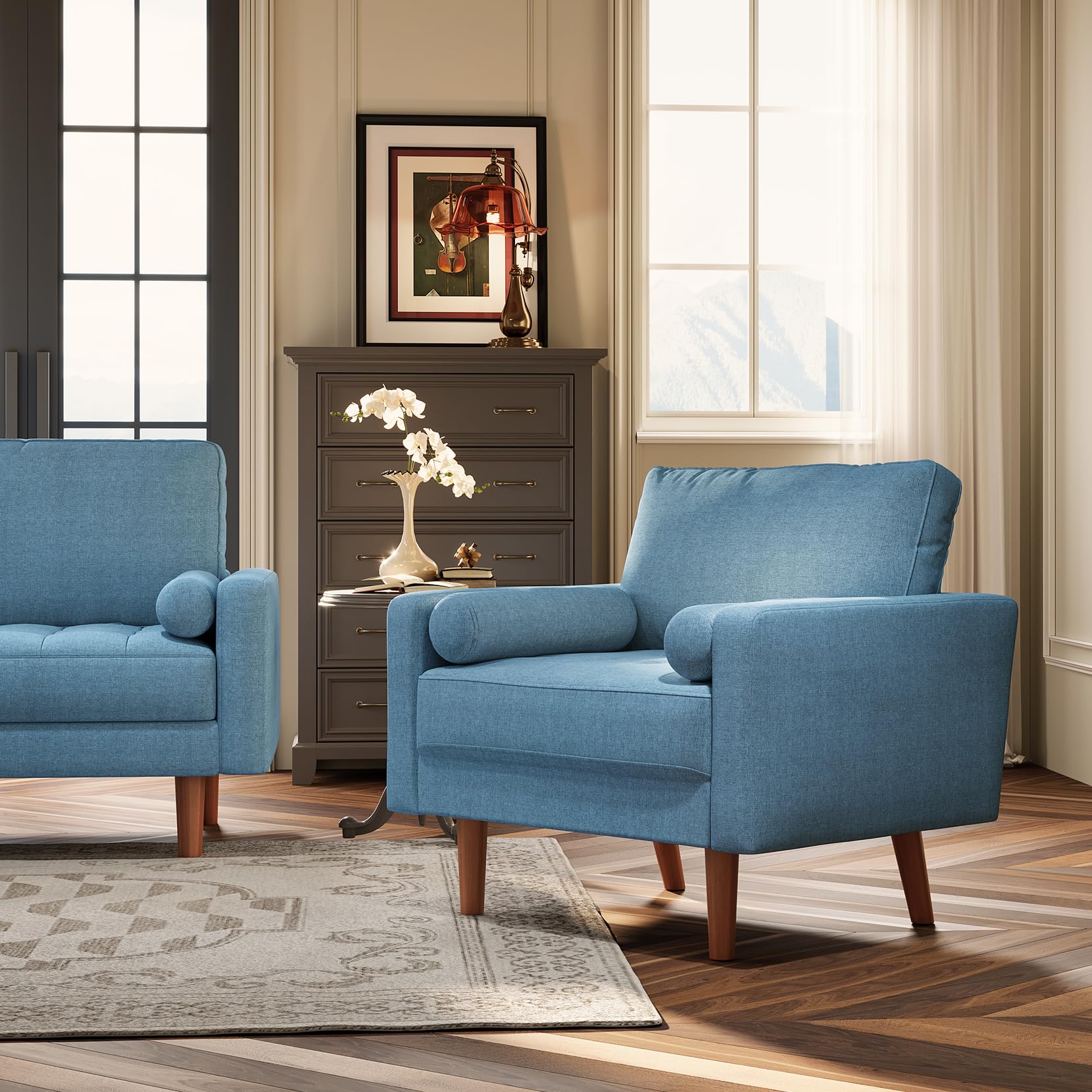 Koorlian Blue Accent Chairs, Mid Century Modern Accent Chair with Track Armrest, Button Tufted Armchair, 2 Bolster Pillow, Linen Fabric Single Sofa Chair for Living Room/Bedroom/Apartment/Office