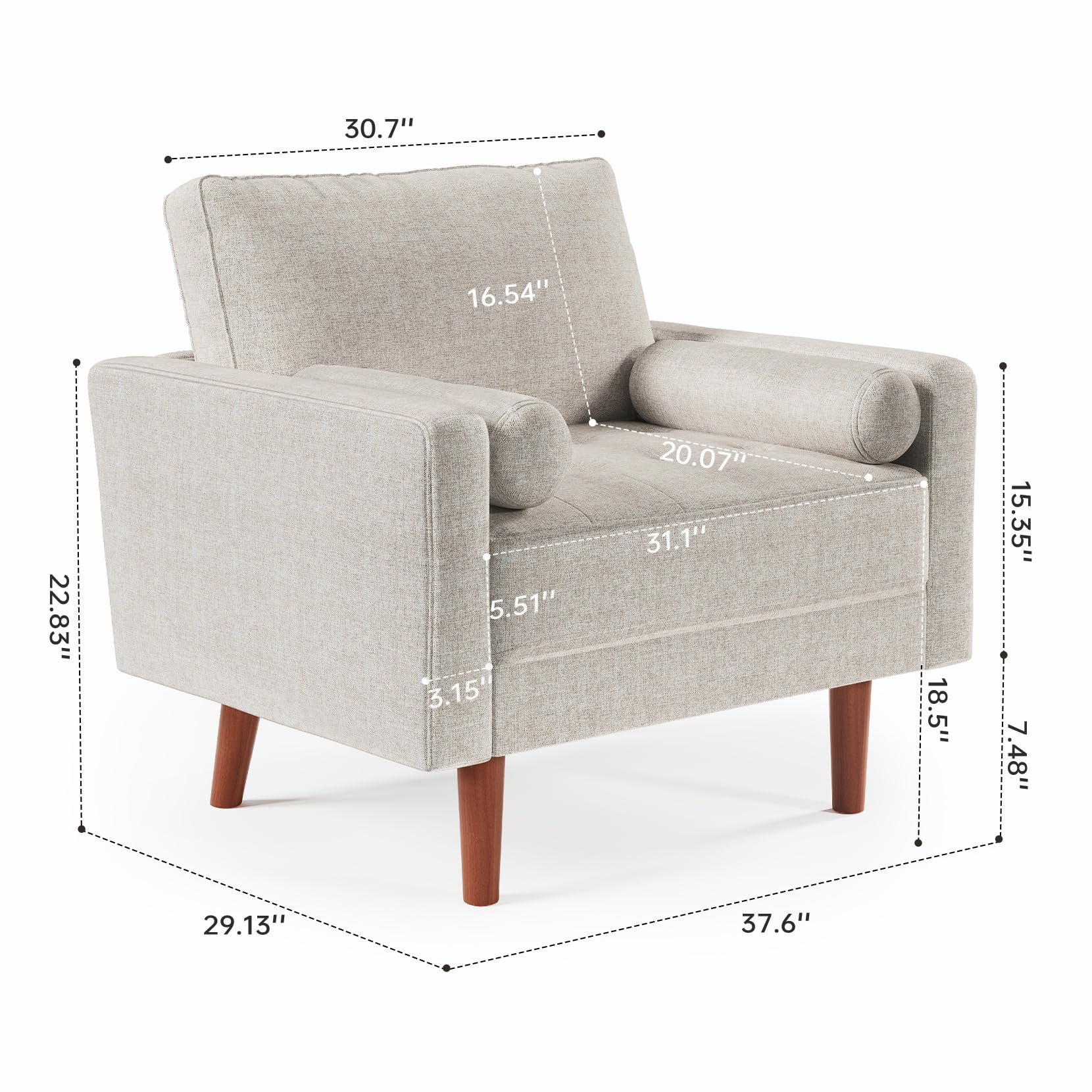 Koorlian Beige Accent Chairs, Mid Century Modern Accent Chair with Track Armrest, Button Tufted Armchair, 2 Bolster Pillow, Linen Fabric Single Sofa Chair for Living Room/Bedroom/Apartment/Office