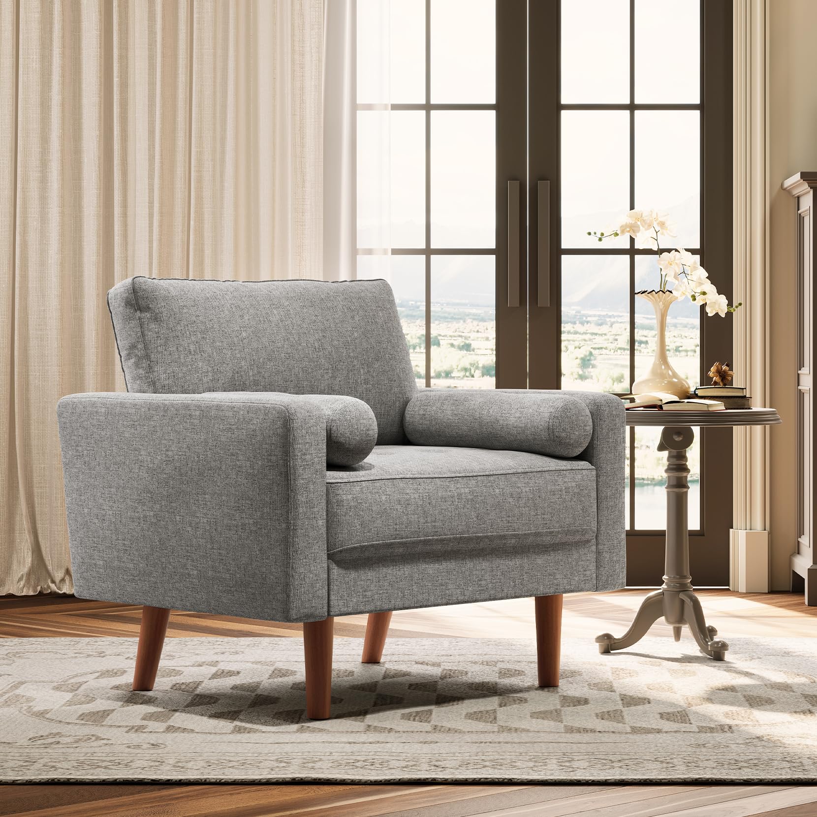 Koorlian Grey Accent Chairs, Mid Century Modern Accent Chair with Track Armrest, Button Tufted Armchair, 2 Bolster Pillow, Linen Fabric Single Sofa Chair for Living Room/Bedroom/Apartment/Office