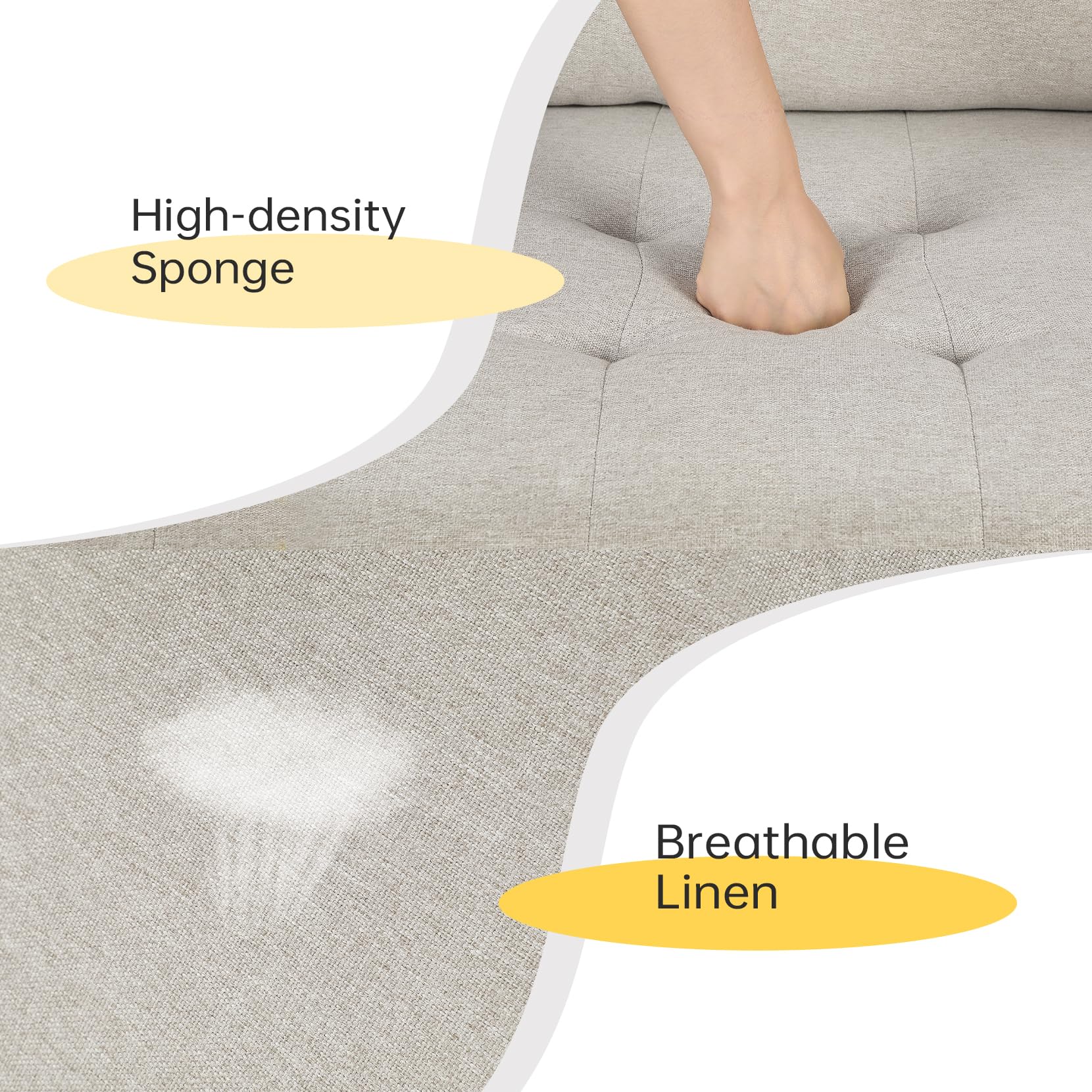 Koorlian Beige Accent Chairs, Mid Century Modern Accent Chair with Track Armrest, Button Tufted Armchair, 2 Bolster Pillow, Linen Fabric Single Sofa Chair for Living Room/Bedroom/Apartment/Office