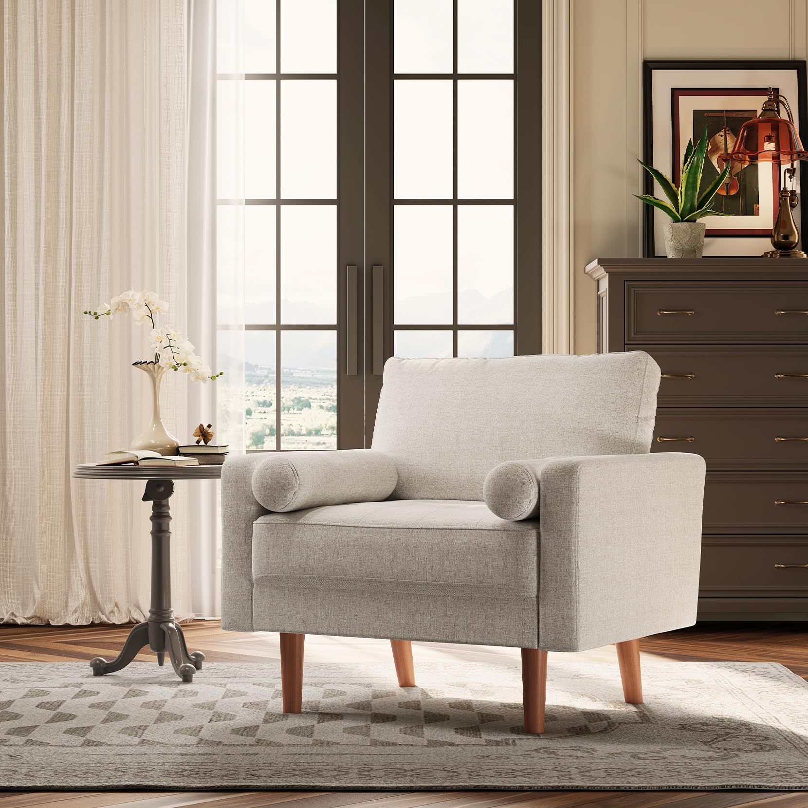 Koorlian Beige Accent Chairs, Mid Century Modern Accent Chair with Track Armrest, Button Tufted Armchair, 2 Bolster Pillow, Linen Fabric Single Sofa Chair for Living Room/Bedroom/Apartment/Office