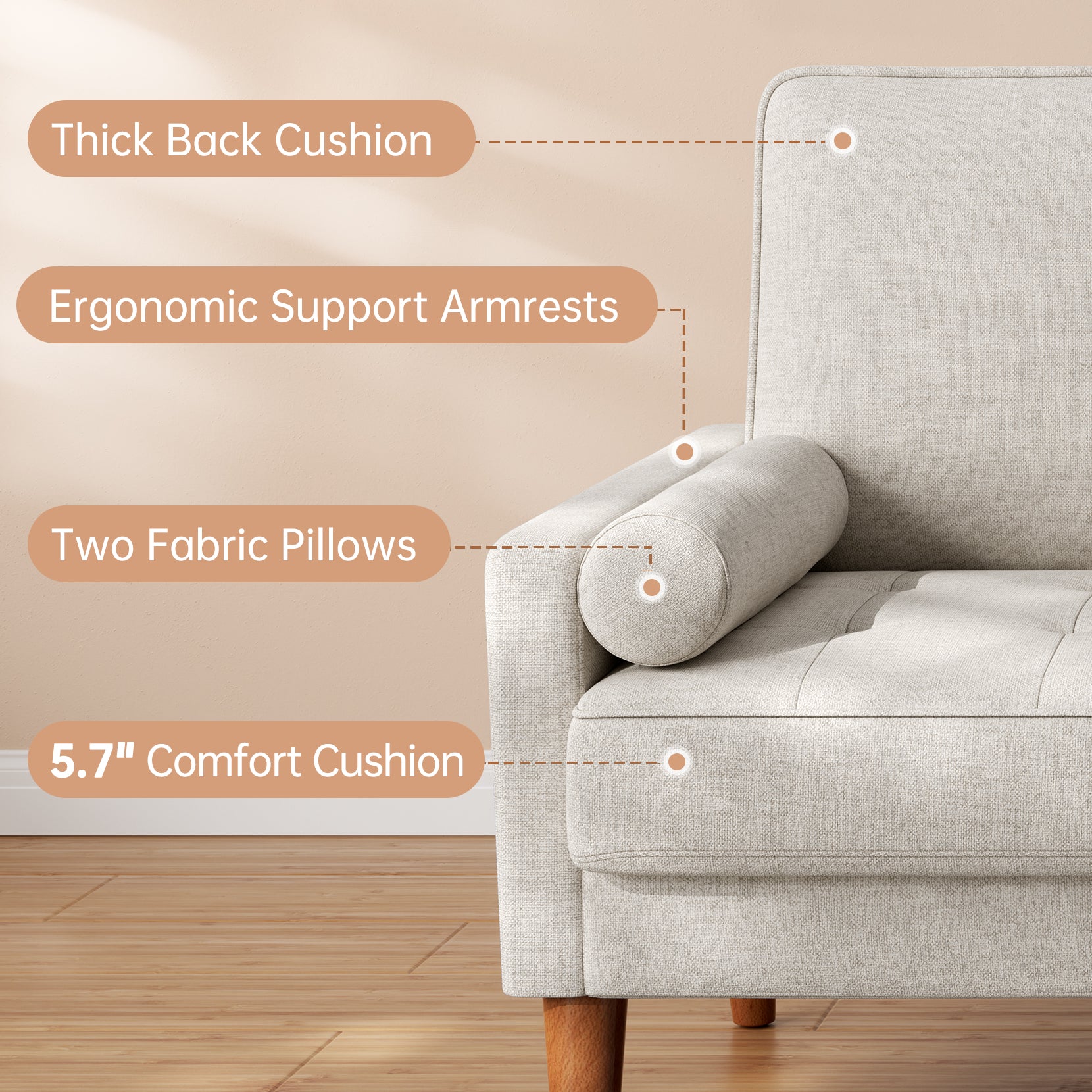 Koorlian Loveseat Sofa, 48" Small Sofa Couch Mid Century Modern Couch for Small Spaces, Bedroom and Living Room, Removable Sofa Cover Spring Cushions and Solid Wood Frame, Easy to Install, Ashbeige