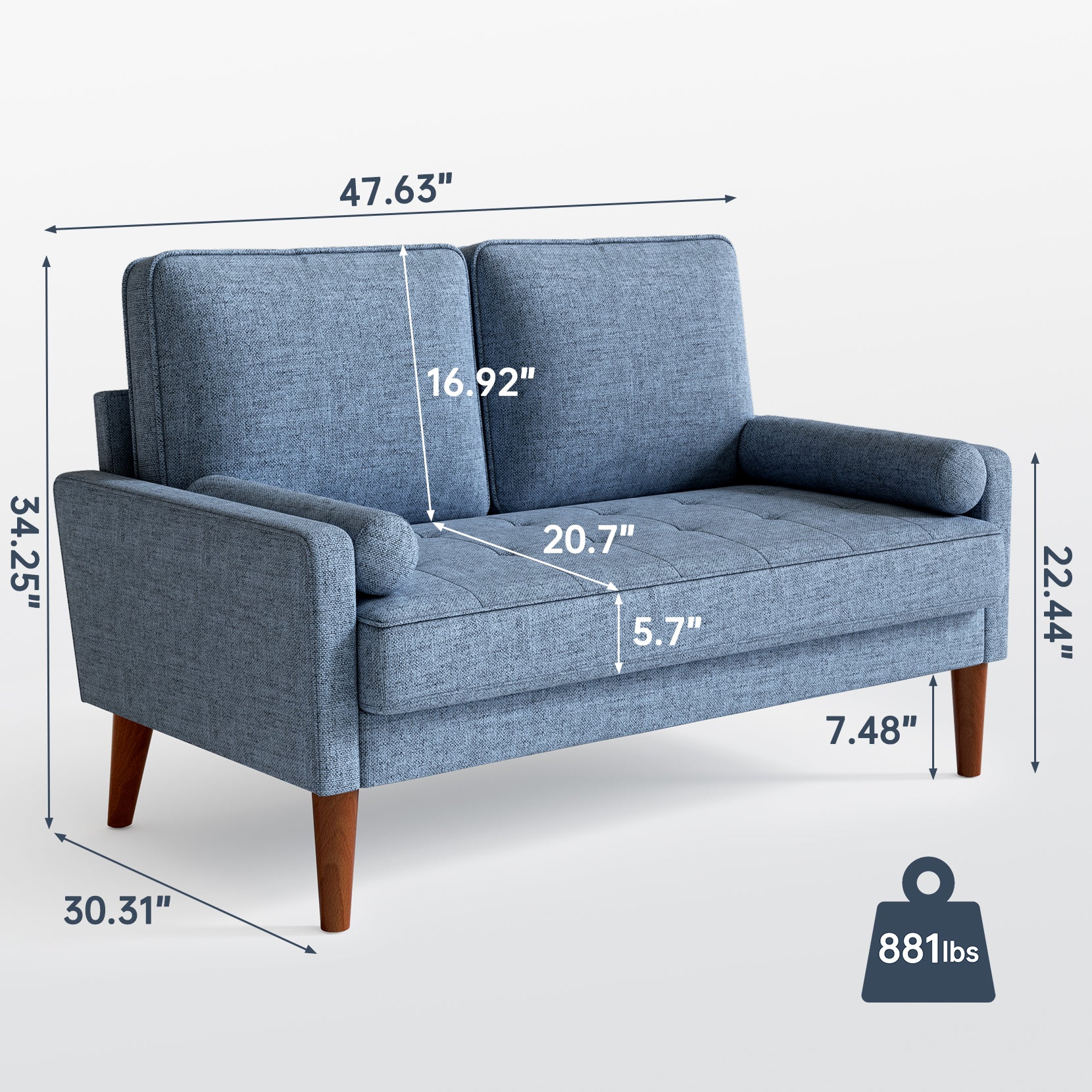 Koorlian Loveseat Sofa, 48" Small Sofa Couch Mid Century Modern Couch for Small Spaces, Bedroom and Living Room, Removable Sofa Cover Spring Cushions and Solid Wood Frame, Easy to Install, Blue