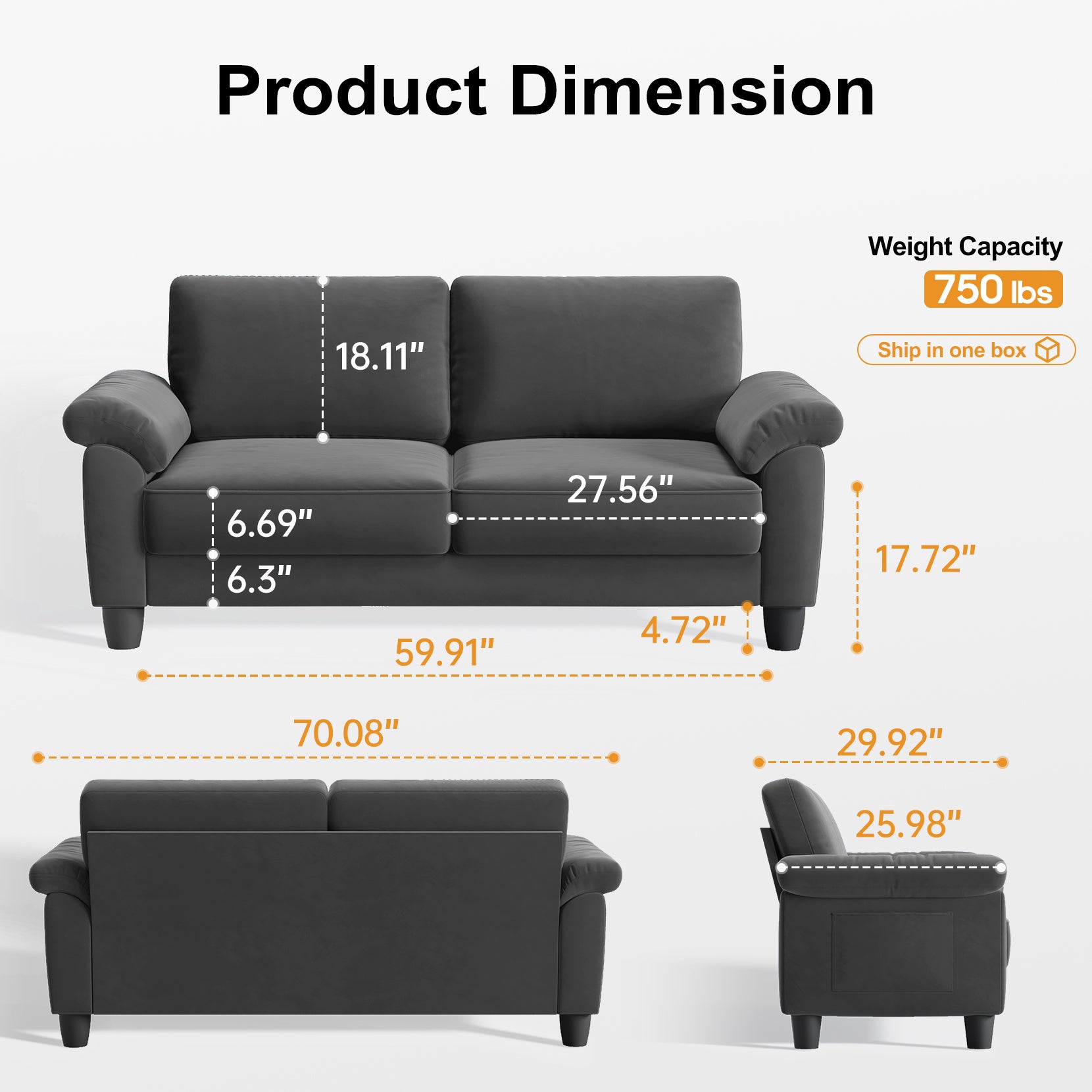 Koorlian 70" Loveseat Sofa, Mid Century Modern Couch with Storage Bag, Velvet Deep Couches for Small Spaces, Living room,Bedroom, Apartment, Office, Removable Sofa Cover Spring Cushions, Easy to Install, Grey