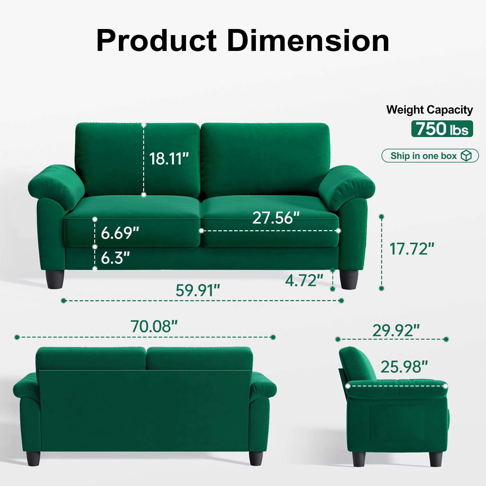 Koorlian 70" Loveseat Sofa, Mid Century Modern Couch with Storage Bag, Velvet Deep Couches for Small Spaces, Living room,Bedroom, Apartment, Office, Removable Sofa Cover Spring Cushions, Easy to Install, Green