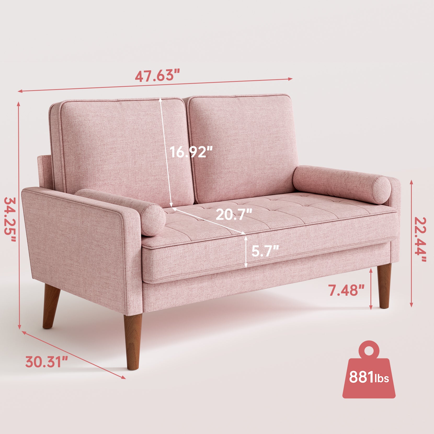 Koorlian Loveseat Sofa, 48" Small Sofa Couch Mid Century Modern Couch for Small Spaces, Bedroom and Living Room, Removable Sofa Cover Spring Cushions and Solid Wood Frame, Easy to Install, Pink