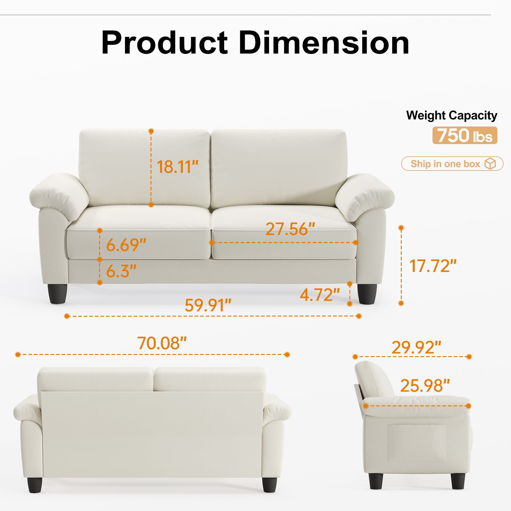 Koorlian 70" Loveseat Sofa, Mid Century Modern Couch with Storage Bag, Velvet Deep Couches for Small Spaces, Living room,Bedroom, Apartment, Office, Removable Sofa Cover Spring Cushions, Easy to Install, Beige