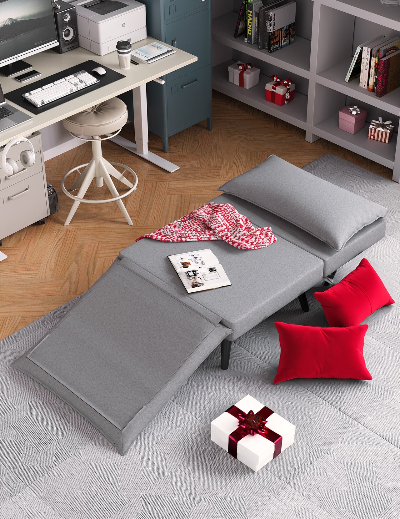 Koorlian Convertible Chair Bed, 5 in 1 Folding Fabric Sleeper Chair, Sofa Bed Floor Chair with Removable Legs, 5 Level Adjustable Backrest, Grey