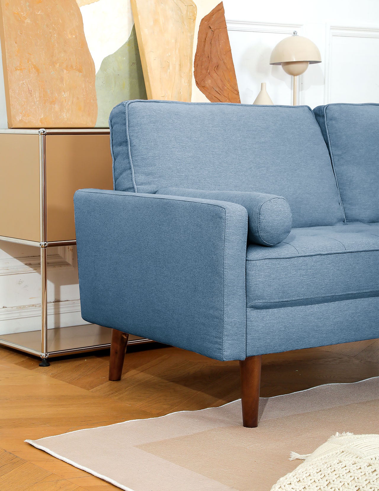 Koorlian Small Sofa Couch, 2 Seater Fabric Loveseat, Mid Century Modern Couches for Living Room, Button Tufted Seat Cushion, Square Armrest, 2 Throw Pillows, Fit for Small Spaces, Dorm, Apart, Blue