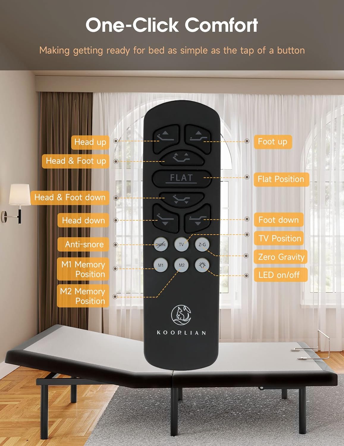 Koorlian Upgraded Queen Adjustable Bed Frame, Home Adjustable Bed Base with Independent Head & Foot Incline, USB Charging, Underbed Lighting, Wireless Remote, Electric Adjustable Beds with 12'' Legs