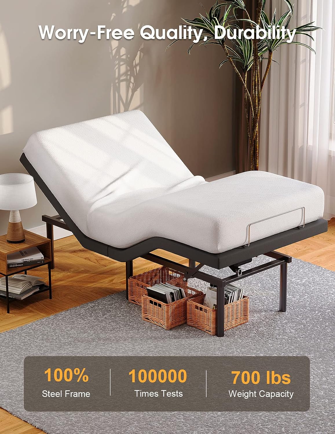 Koorlian Upgraded Queen Adjustable Bed Frame, Home Adjustable Bed Base with Independent Head & Foot Incline, USB Charging, Underbed Lighting, Wireless Remote, Electric Adjustable Beds with 12'' Legs