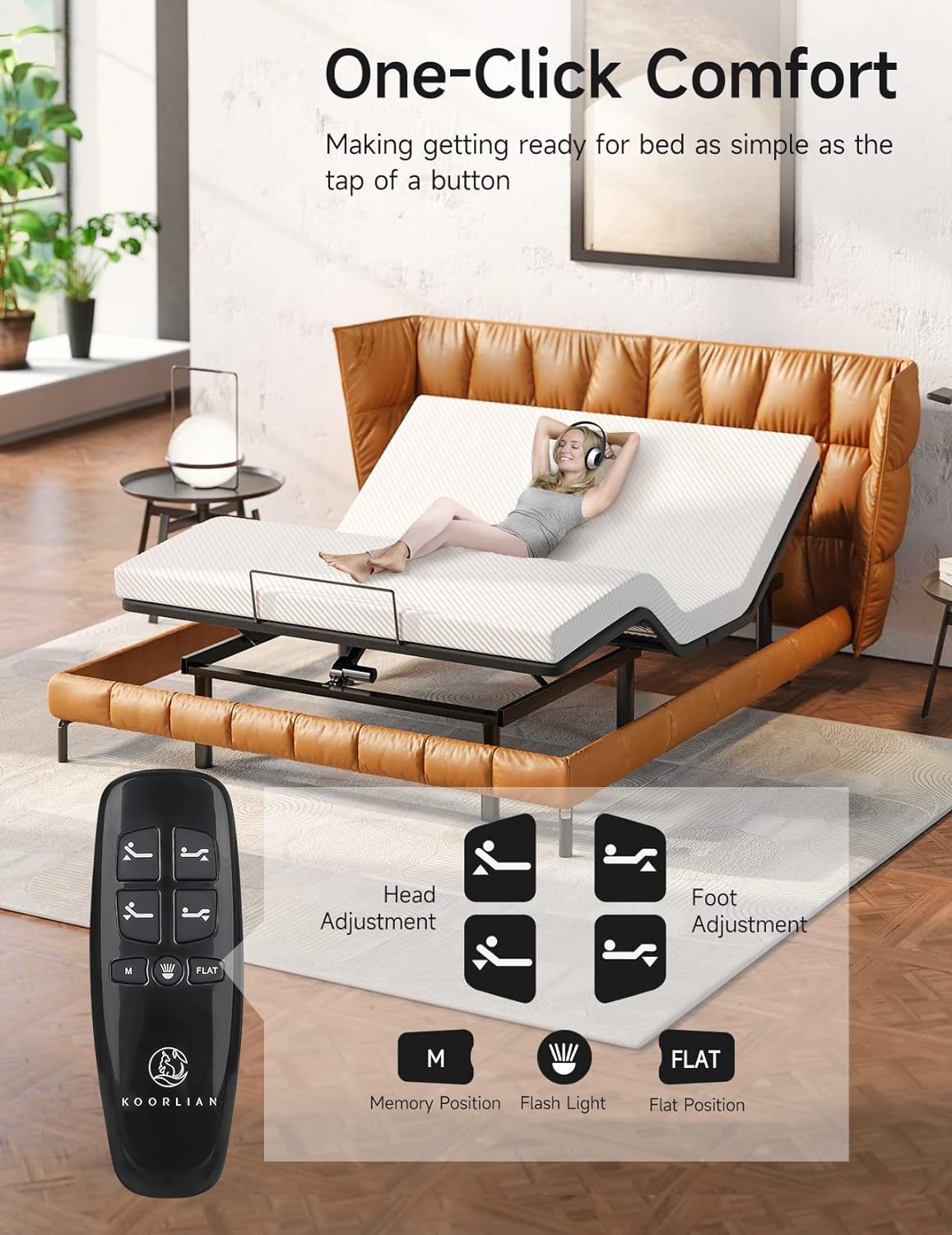 Koorlian Adjustable Bed Frame Queen Size, Electric Bed Base with Head and Foot Lift, Quiet Motor, Zero Gravity, Wireless Remote Control, 12'' Legs for Storage, Quick Assembly (3 Ways for Usage)