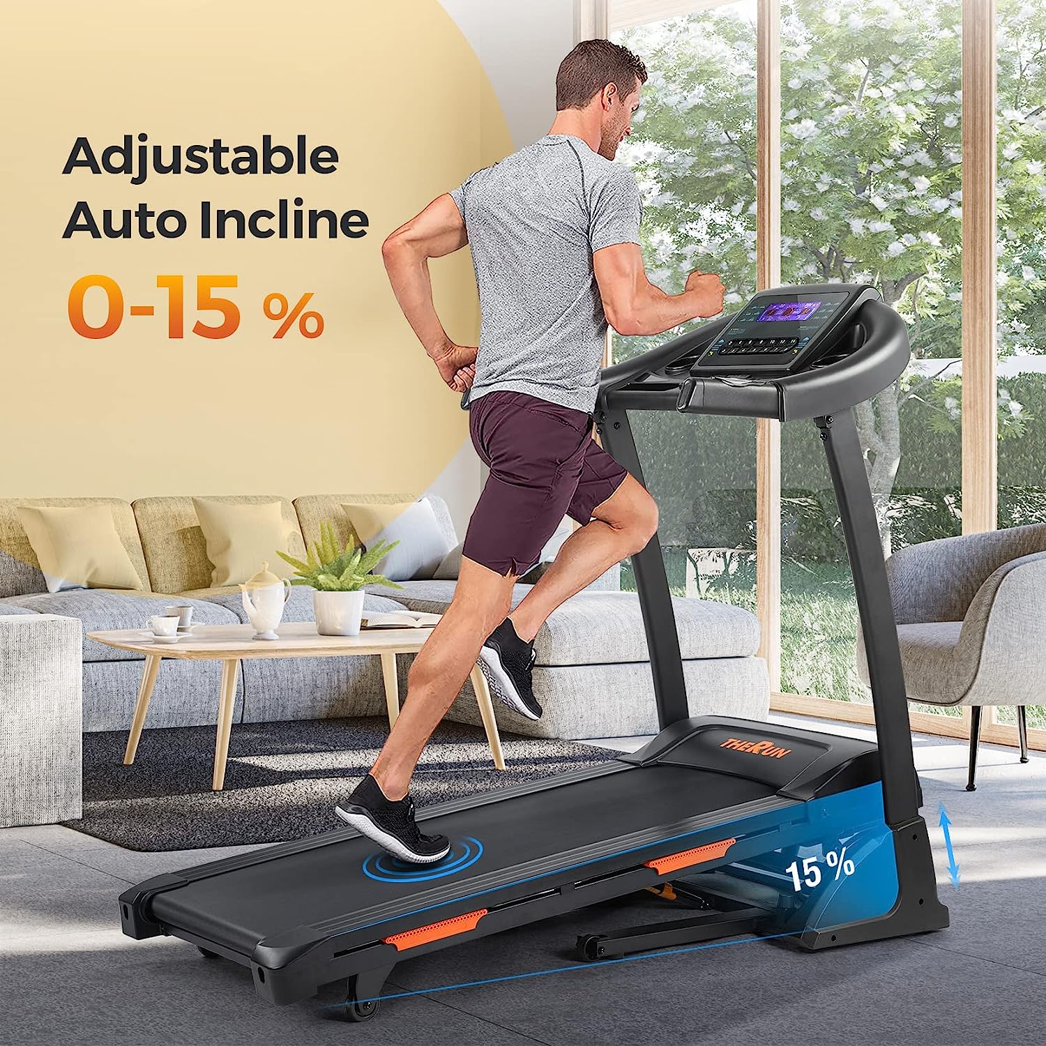 THERUN Incline Treadmill, Treadmill for Running and Walking, 300 lbs Weight Capacity Folding Treadmill with 0-15% Auto Incline, Wide Belt, 3.5HP, App, Heart Rate,
