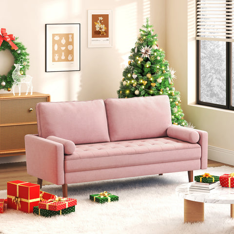 Koorlian Small Sofa Couch, 2 Seater Fabric Loveseat, Mid Century Modern Couches for Living Room, Button Tufted Seat Cushion, Square Armrest, 2 Throw Pillows, Fit for Small Spaces, Dorm, Apart, Pink