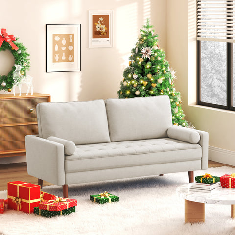 Koorlian Small Sofa Couch, 2 Seater Fabric Loveseat, Mid Century Modern Couches for Living Room, Button Tufted Seat Cushion, Square Armrest, 2 Throw Pillows, Fit for Small Spaces, Dorm, Apart, Beige