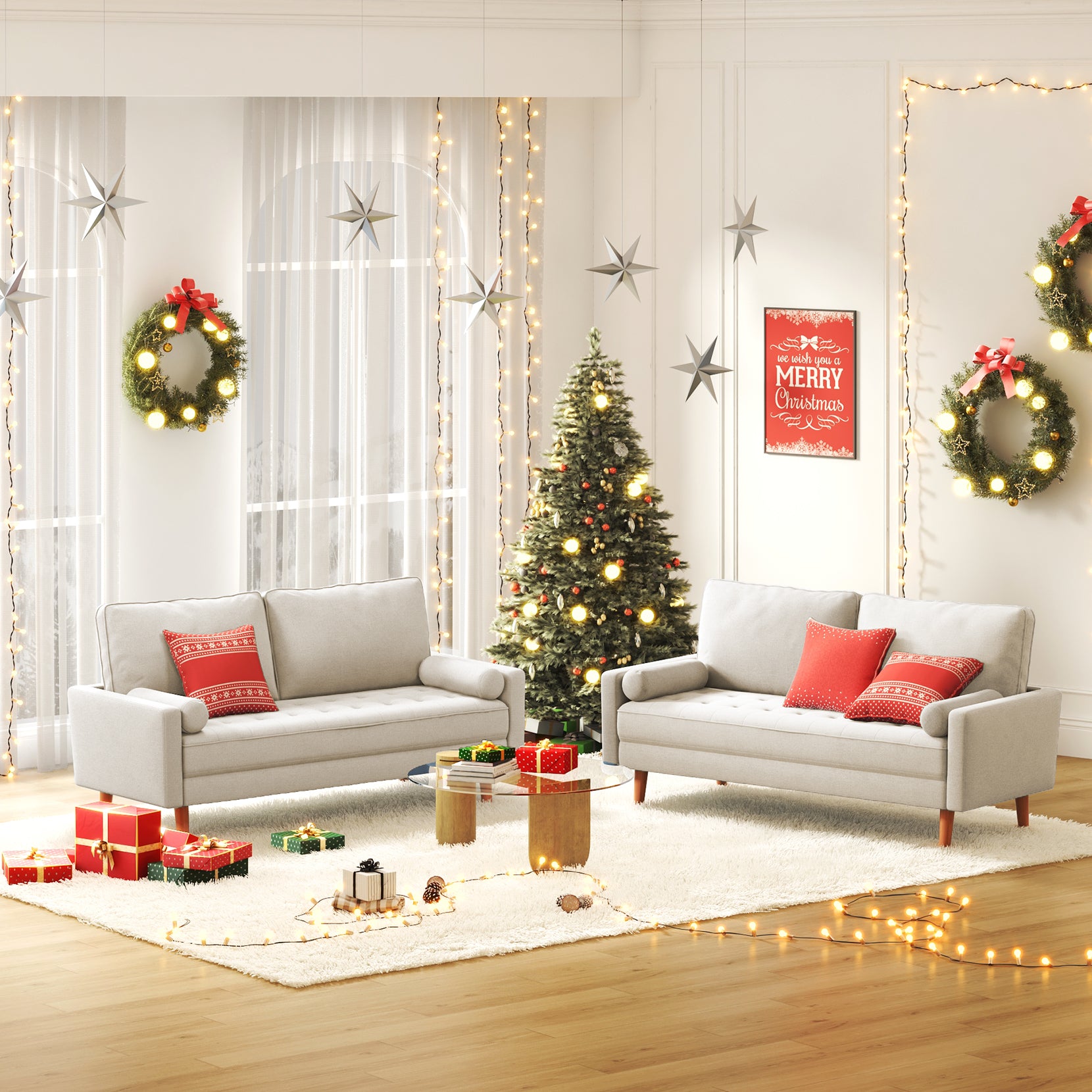 Koorlian Small Sofa Couch, 2 Seater Fabric Loveseat, Mid Century Modern Couches for Living Room, Button Tufted Seat Cushion, Square Armrest, 2 Throw Pillows, Fit for Small Spaces, Dorm, Apart, Beige