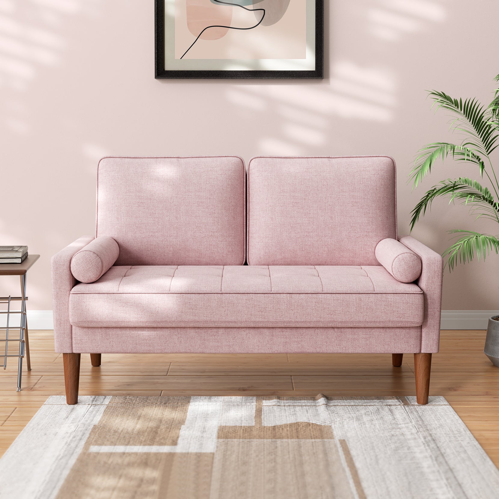 Koorlian Loveseat Sofa, 48" Small Sofa Couch Mid Century Modern Couch for Small Spaces, Bedroom and Living Room, Removable Sofa Cover Spring Cushions and Solid Wood Frame, Easy to Install, Pink