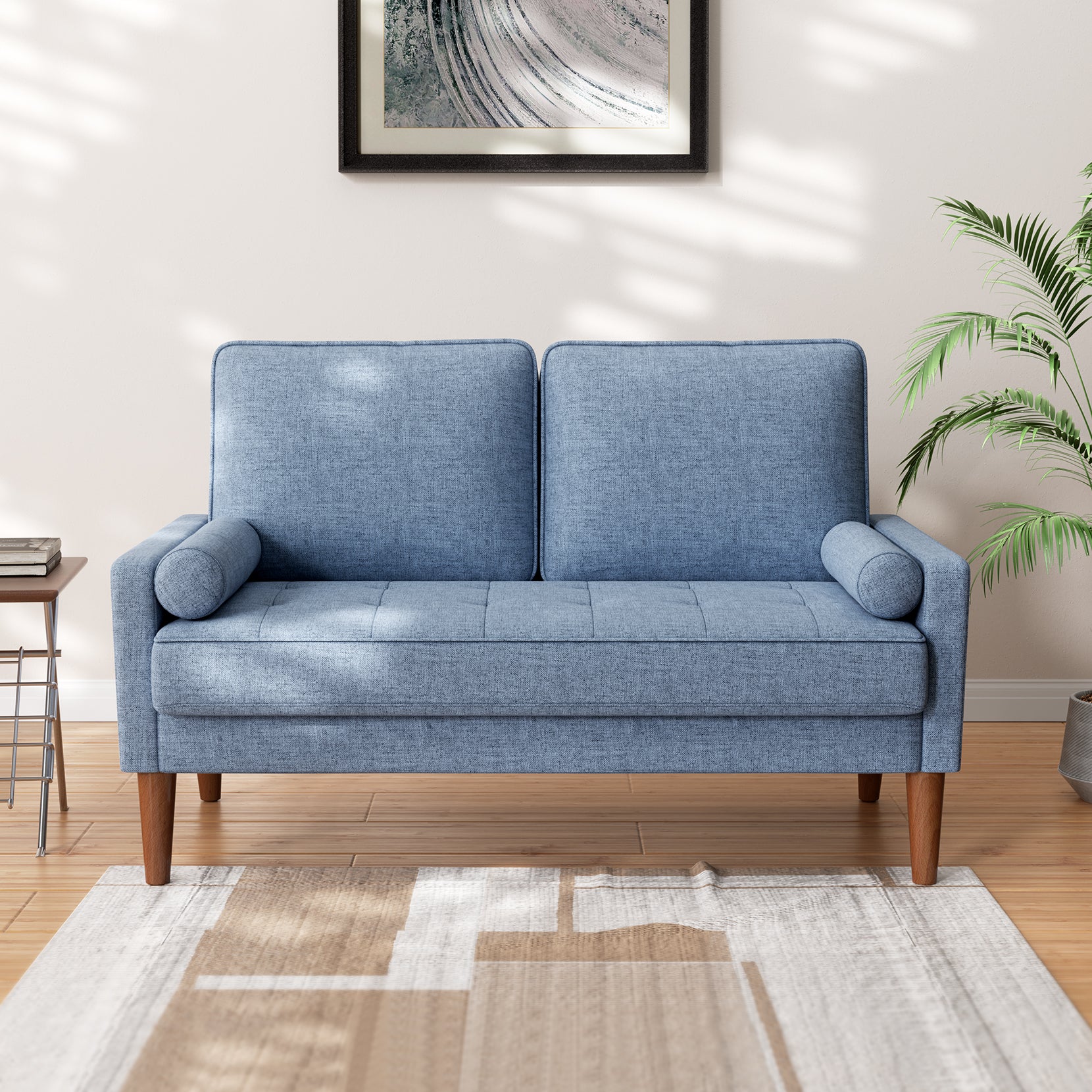 Koorlian Loveseat Sofa, 48" Small Sofa Couch Mid Century Modern Couch for Small Spaces, Bedroom and Living Room, Removable Sofa Cover Spring Cushions and Solid Wood Frame, Easy to Install, Blue