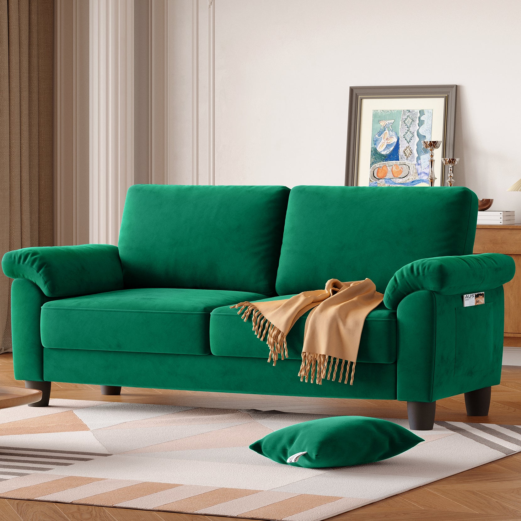 Koorlian 70" Loveseat Sofa, Mid Century Modern Couch with Storage Bag, Velvet Deep Couches for Small Spaces, Living room,Bedroom, Apartment, Office, Removable Sofa Cover Spring Cushions, Easy to Install, Green