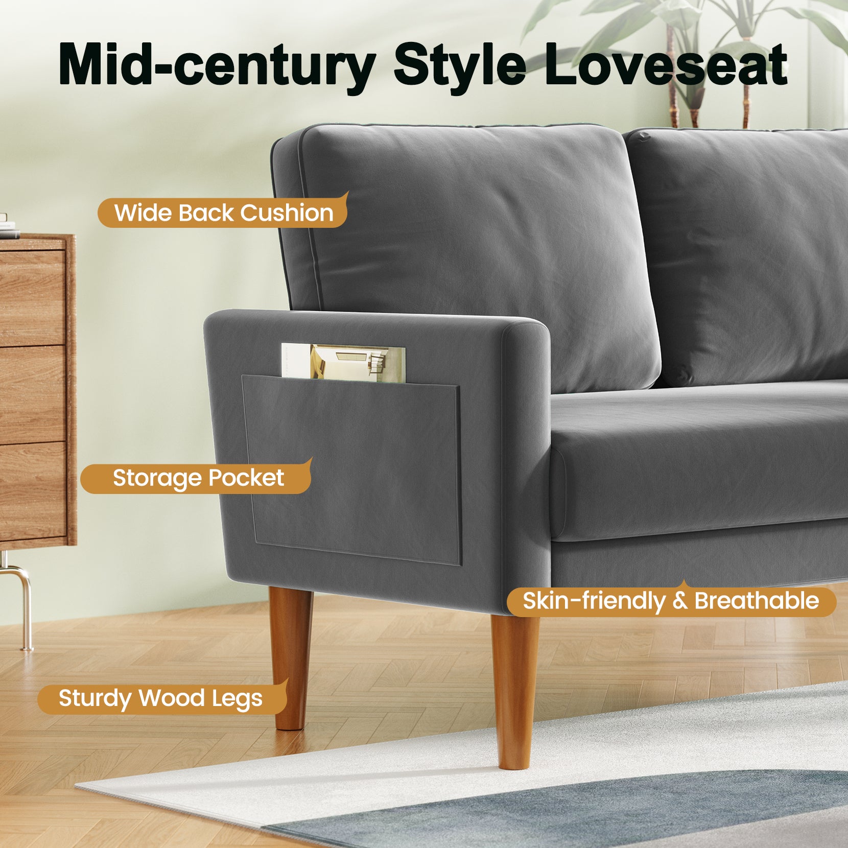 Koorlian Loveseat Sofa, 55" Small Sofa Couch Mid Century Modern Velvet Couch for Small Spaces, Bedroom and Living Room, Removable Sofa Cover Spring Cushions and Solid Wood Frame, Easy to Install, Grey