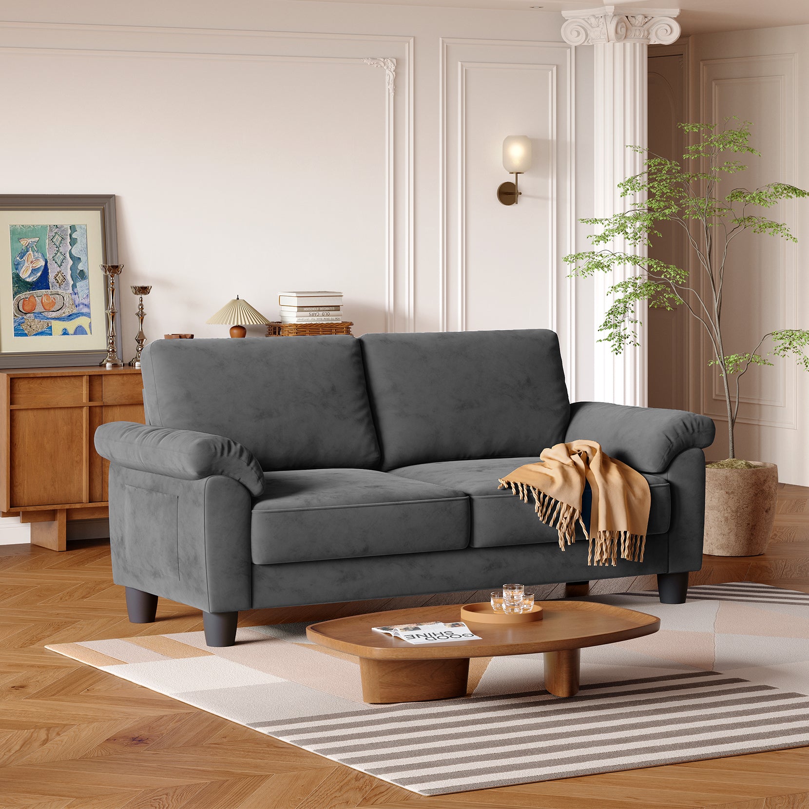 Koorlian 70" Loveseat Sofa, Mid Century Modern Couch with Storage Bag, Velvet Deep Couches for Small Spaces, Living room,Bedroom, Apartment, Office, Removable Sofa Cover Spring Cushions, Easy to Install, Grey