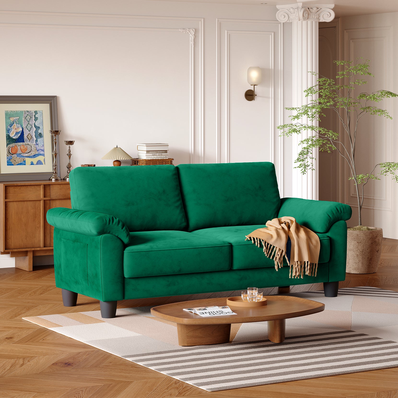 Koorlian 70" Loveseat Sofa, Mid Century Modern Couch with Storage Bag, Velvet Deep Couches for Small Spaces, Living room,Bedroom, Apartment, Office, Removable Sofa Cover Spring Cushions, Easy to Install, Green
