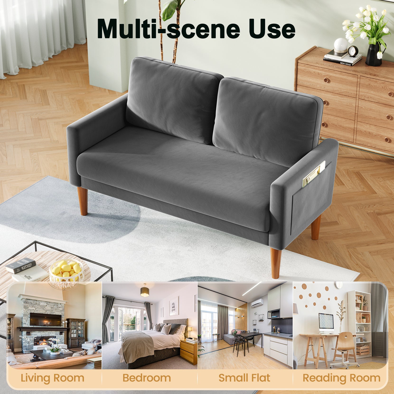 Koorlian Loveseat Sofa, 55" Small Sofa Couch Mid Century Modern Velvet Couch for Small Spaces, Bedroom and Living Room, Removable Sofa Cover Spring Cushions and Solid Wood Frame, Easy to Install, Grey