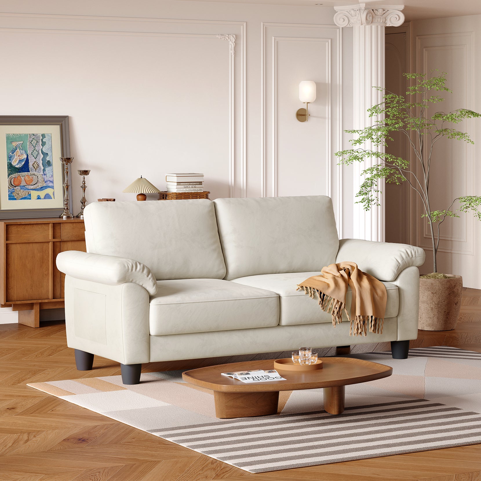 Koorlian 70" Loveseat Sofa, Mid Century Modern Couch with Storage Bag, Velvet Deep Couches for Small Spaces, Living room,Bedroom, Apartment, Office, Removable Sofa Cover Spring Cushions, Easy to Install, Beige